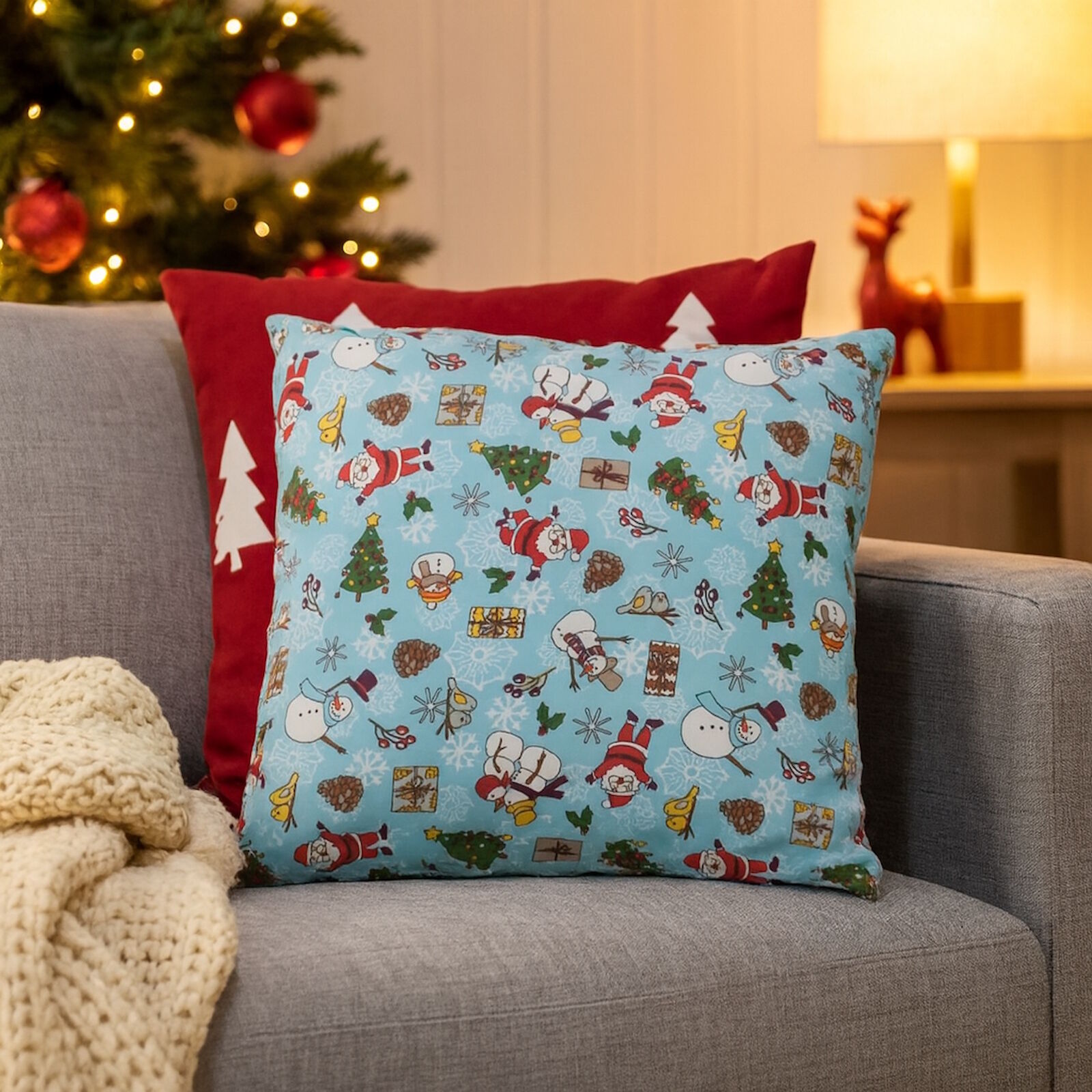 Kissenbezug 40x40 cm Weihnachtsmann Schneemann Hellblau