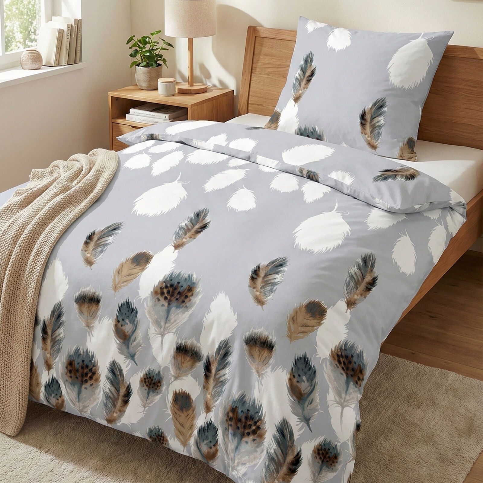 Feder Bettwäsche Grau Weiß 135x200 Renforcé Baumwolle