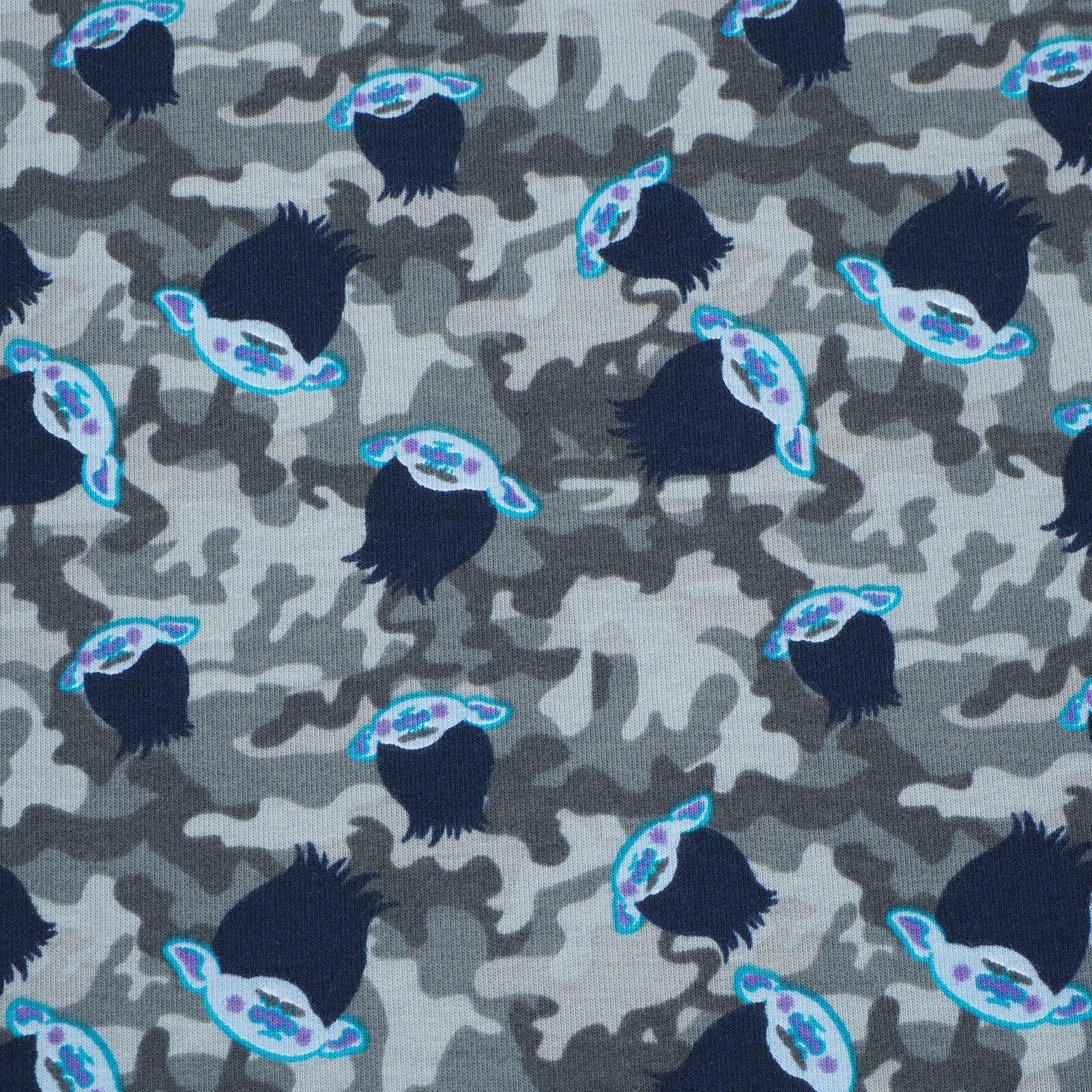 French Terry Kinder Stoff Trolls Camouflage Grau