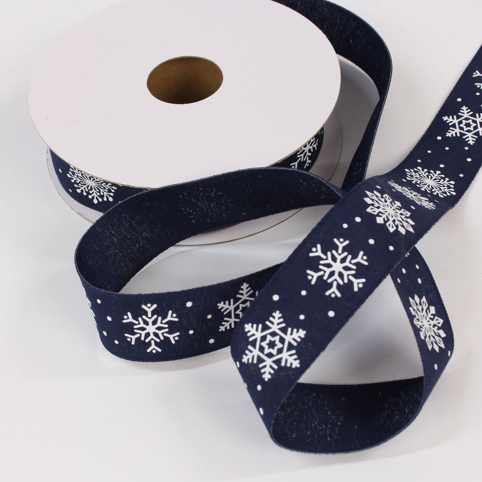 Dekoband Taft mit Sterne Winter 25 mm dunkelblau - 20 Meter