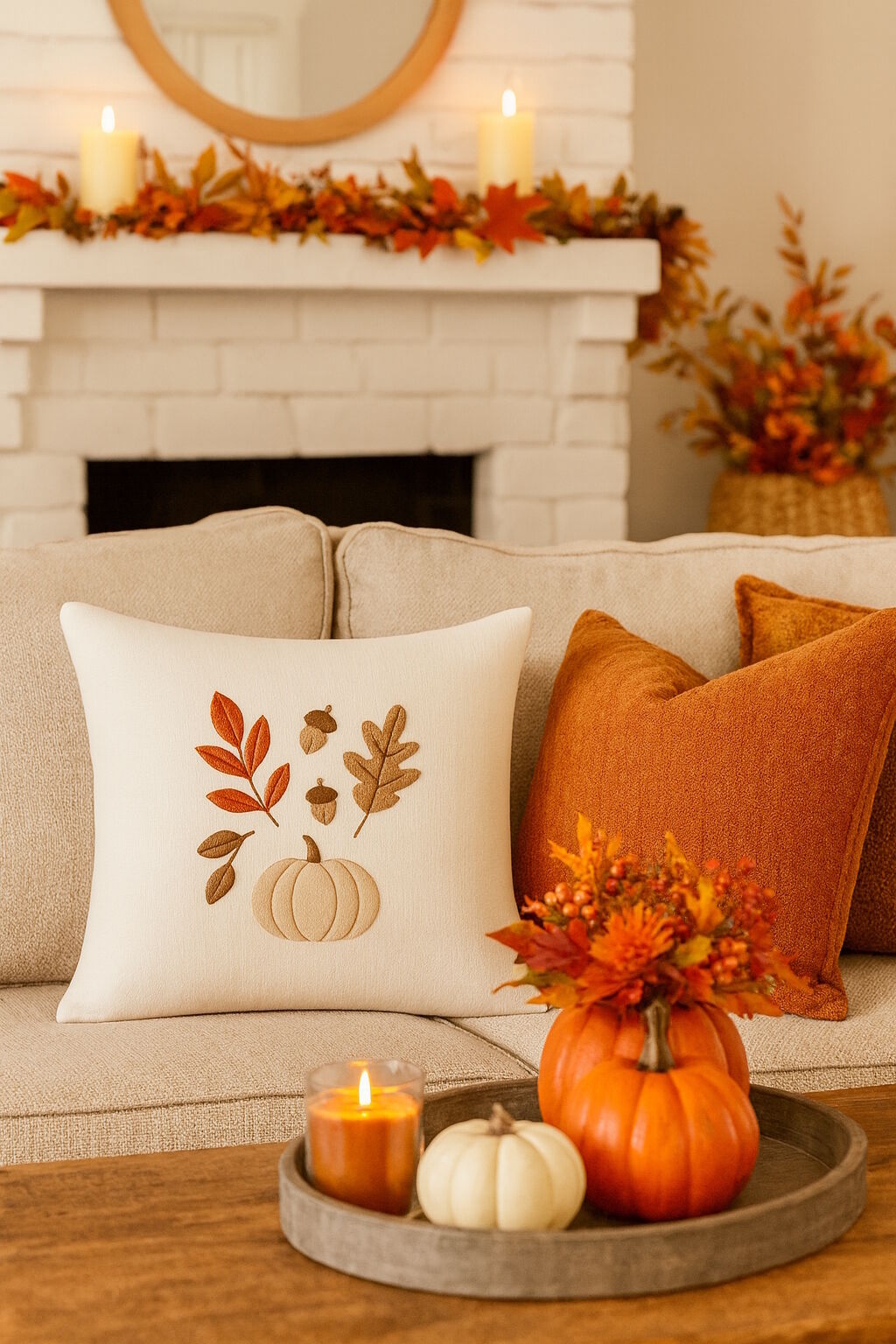 Herbstkissen Kürbis Creme 40x40 aus Baumwolle bestickt