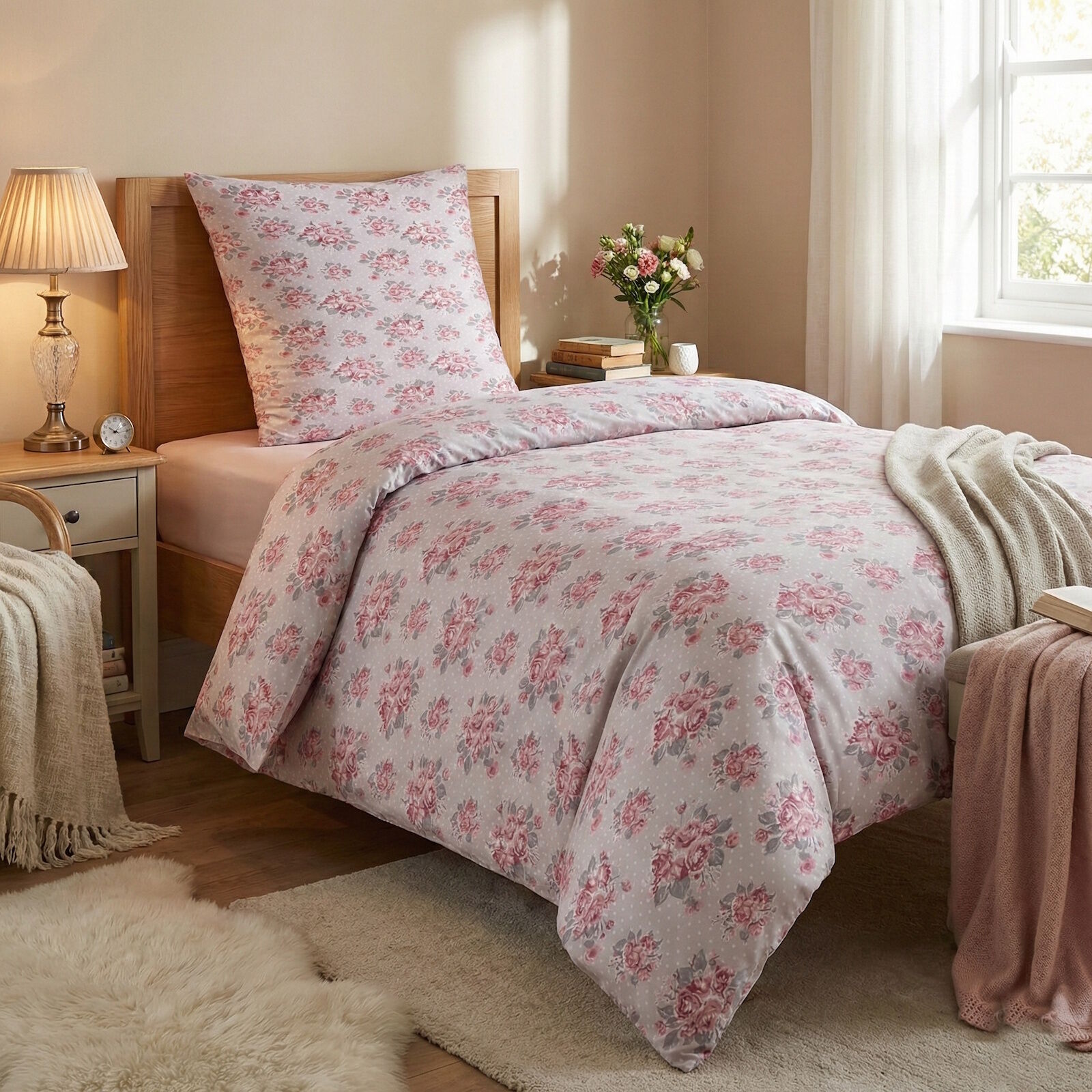 Blumen Bettwäsche 135x200 Rosen Punkte Grau