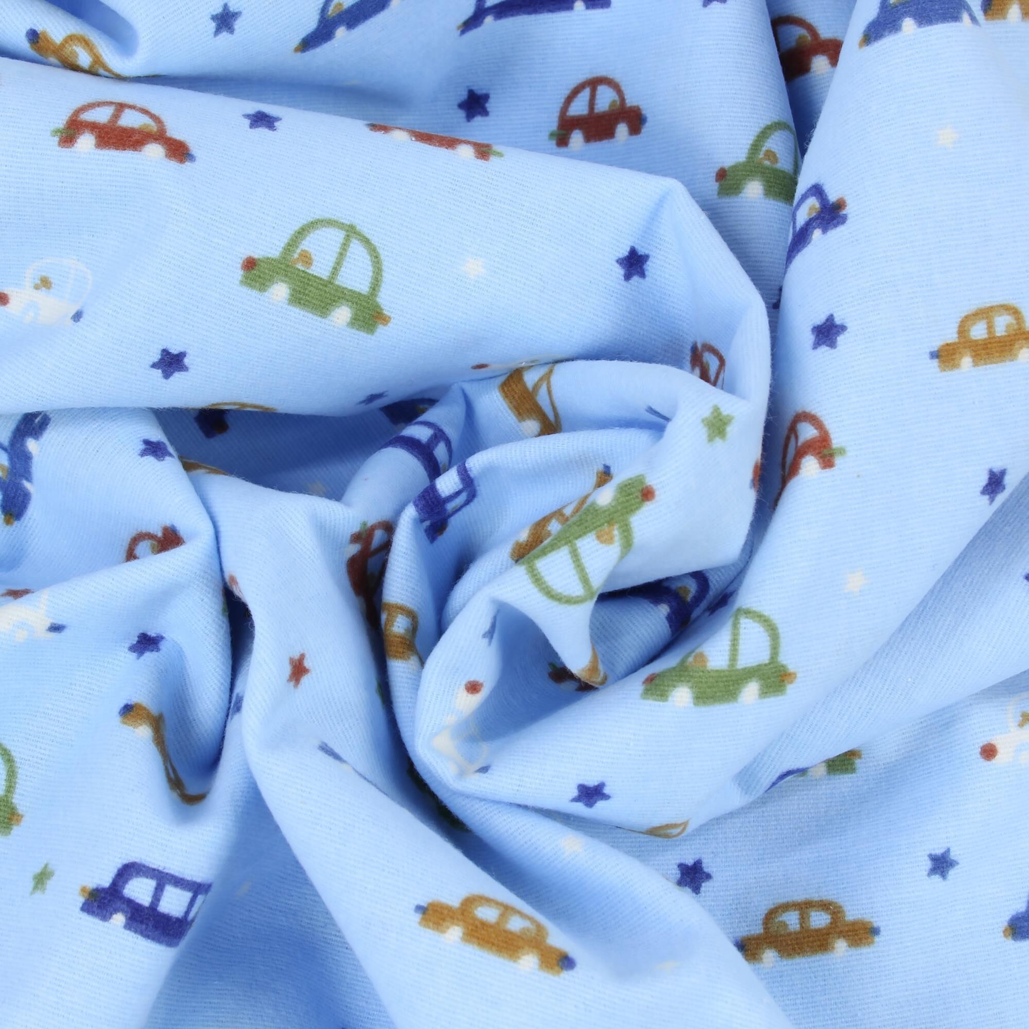 Stoff Meterware bunte Autos auf Hellblau Flanell