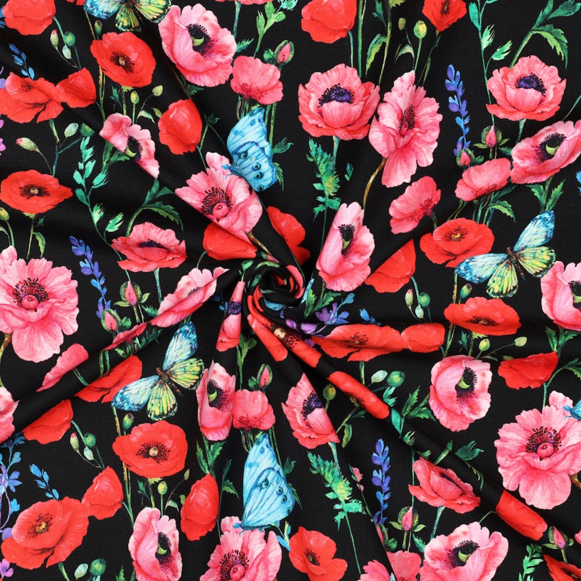 Stoff Meterware Blumen Schmetterlinge Schwarz French Terry
