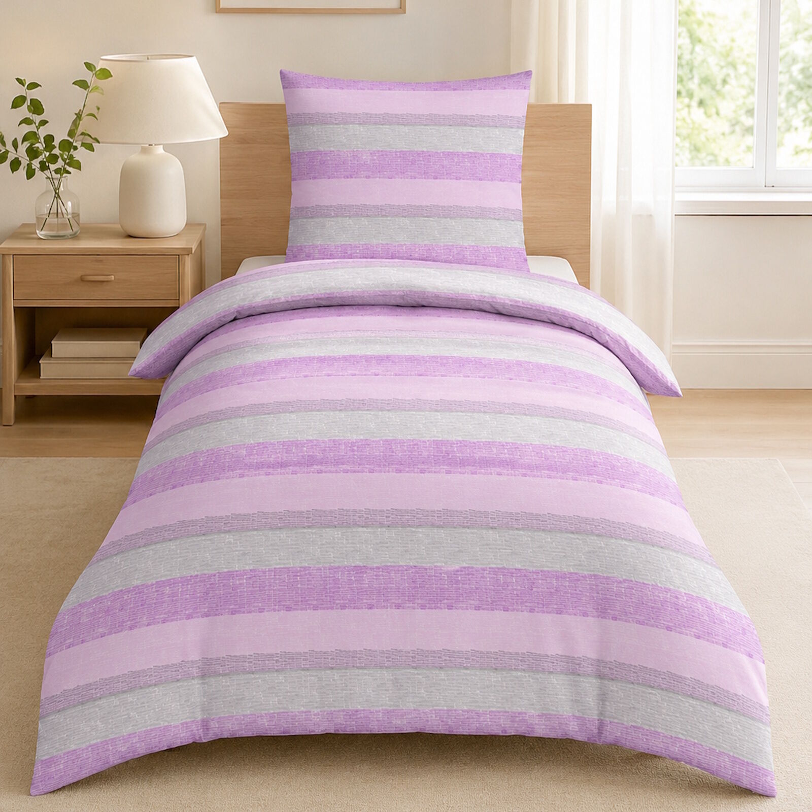 Bettwäsche Streifen Pink Rosa Grau 135x200 Baumwolle