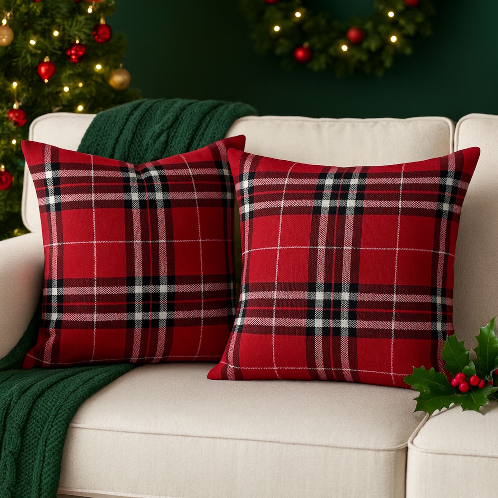 Weihnachts Kissenbezug Kariert Rot Tartan Schottenkaro