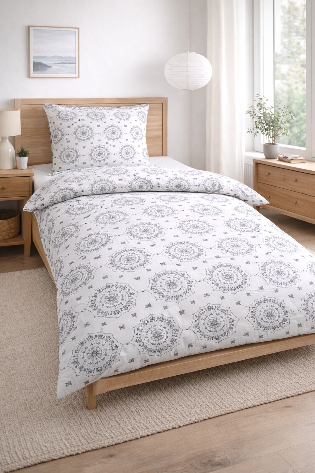 Bettwäsche 135x200 Mandala Muster schwarz weiß Baumwolle