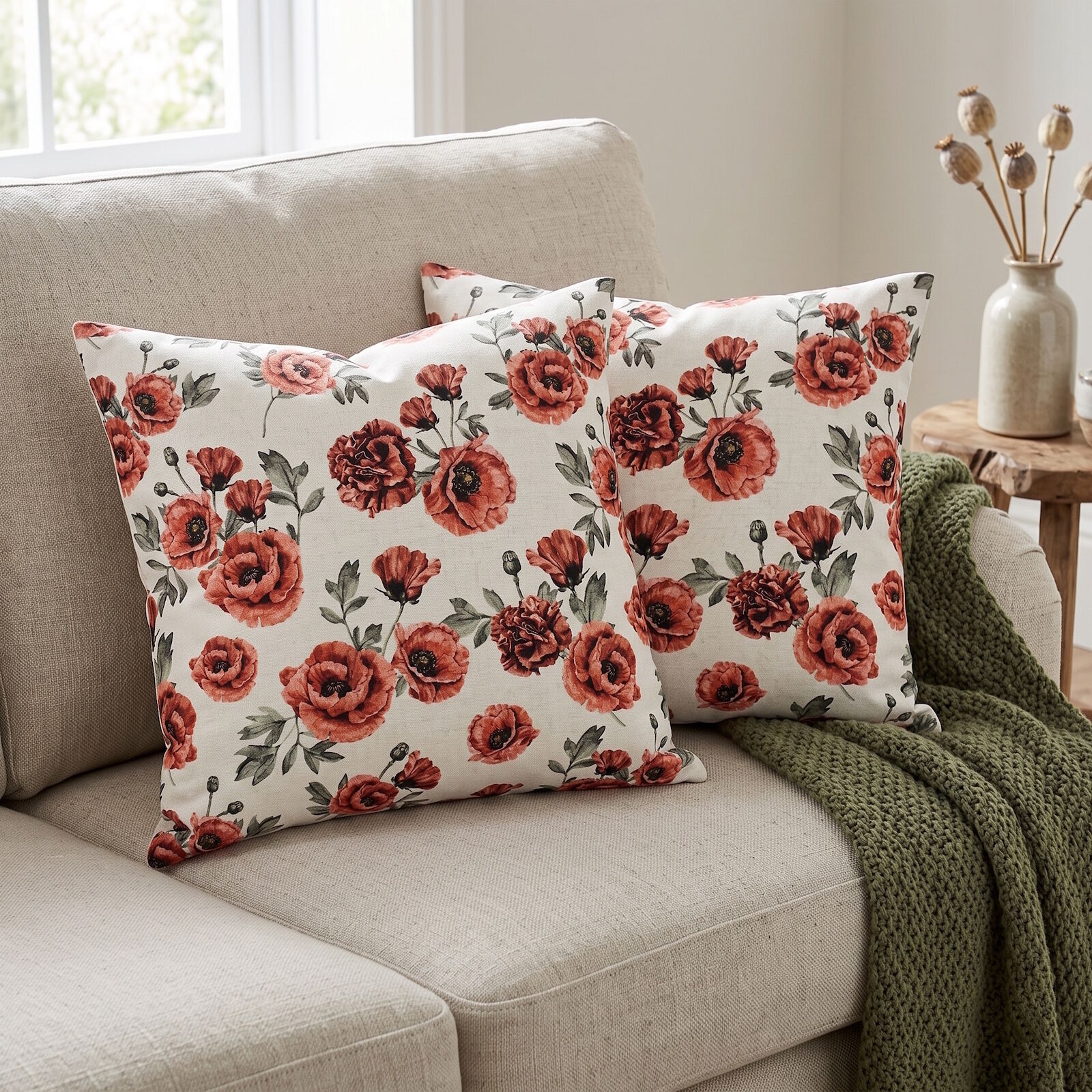 Mohnblumen Kissenbezug 40x40 2er Set Baumwolle Canvas