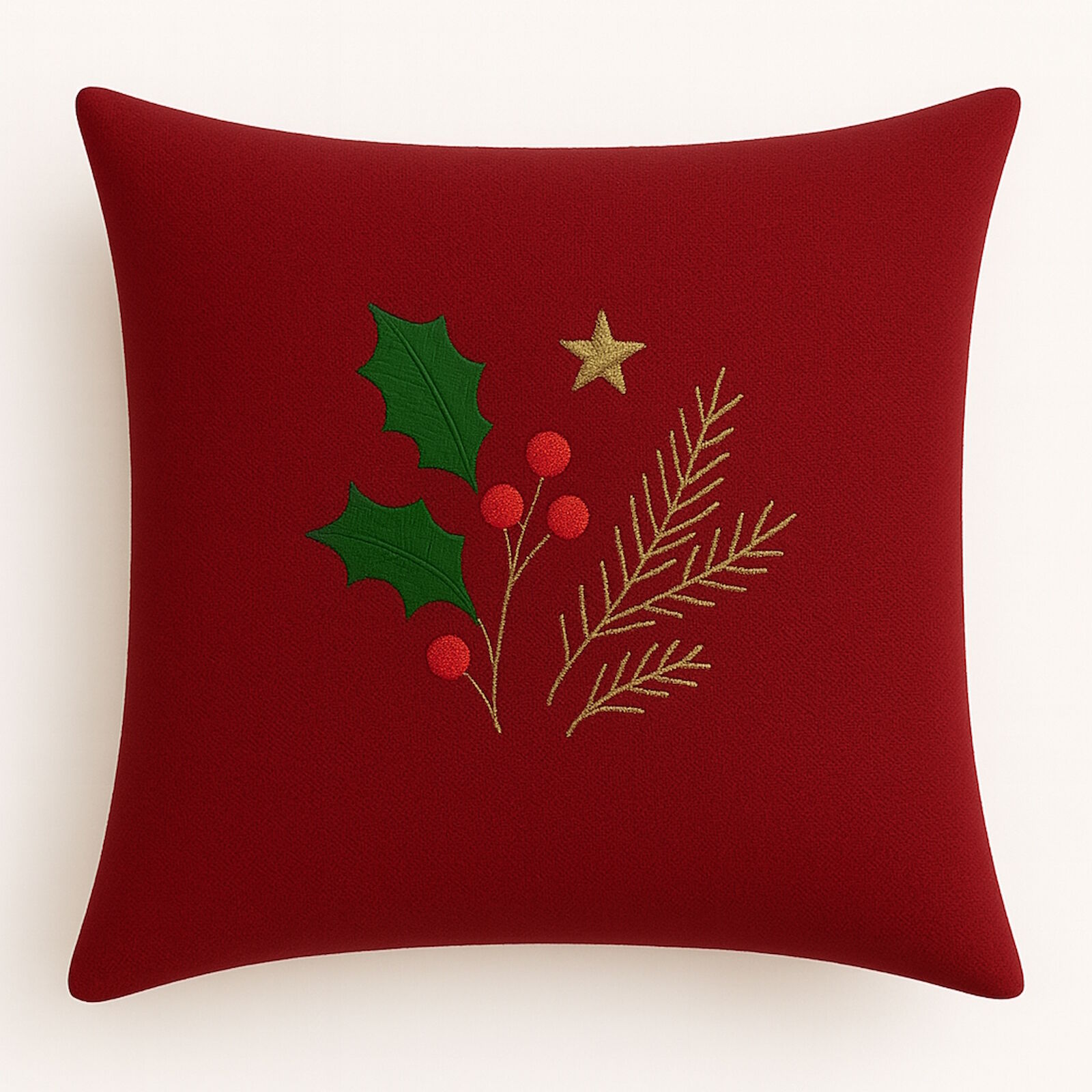 Weihnachtskissen Rot mit Stern & Stechpalme bestickt 40x40