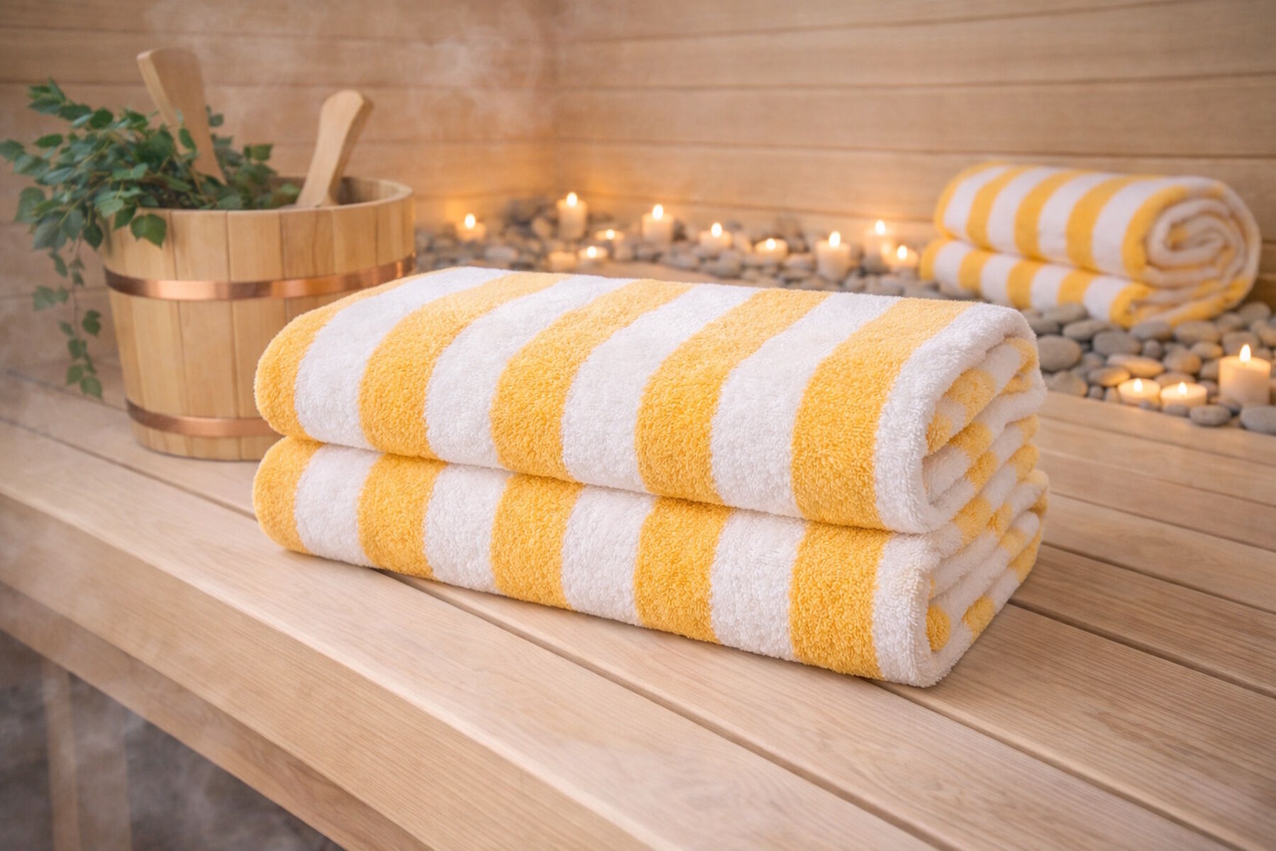 2er Pack Saunatücher Weiß Gelb gestreift 70x200 cm