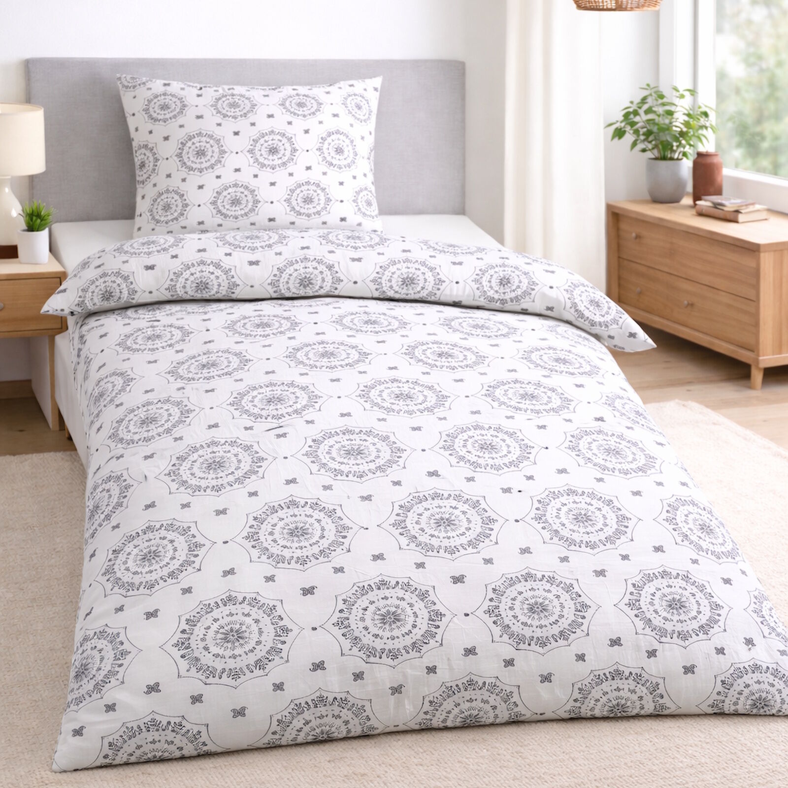 Bettwäsche 135x200 Mandala Muster schwarz weiß Baumwolle
