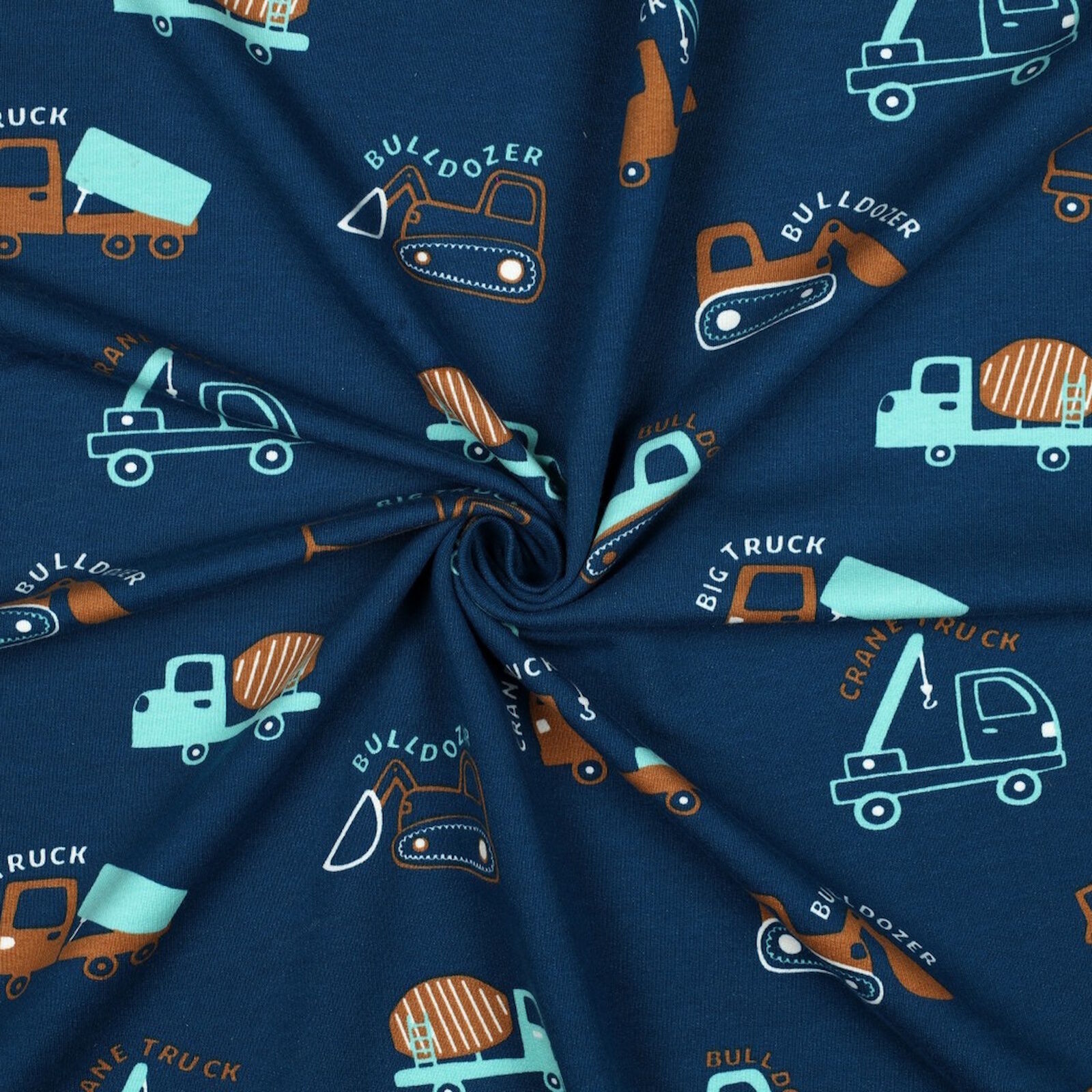 Soft Sweat Stoff Baufahrzeuge Petrol Meterware 148 cm