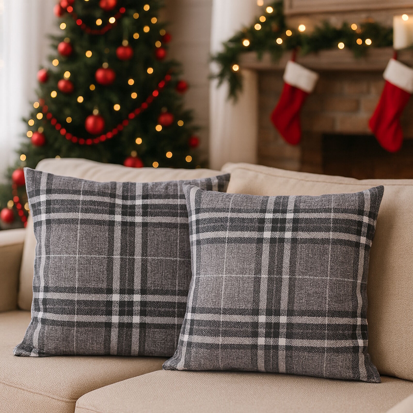 Weihnachts Kissenbezug Kariert Grau Tartan Schottenkaro