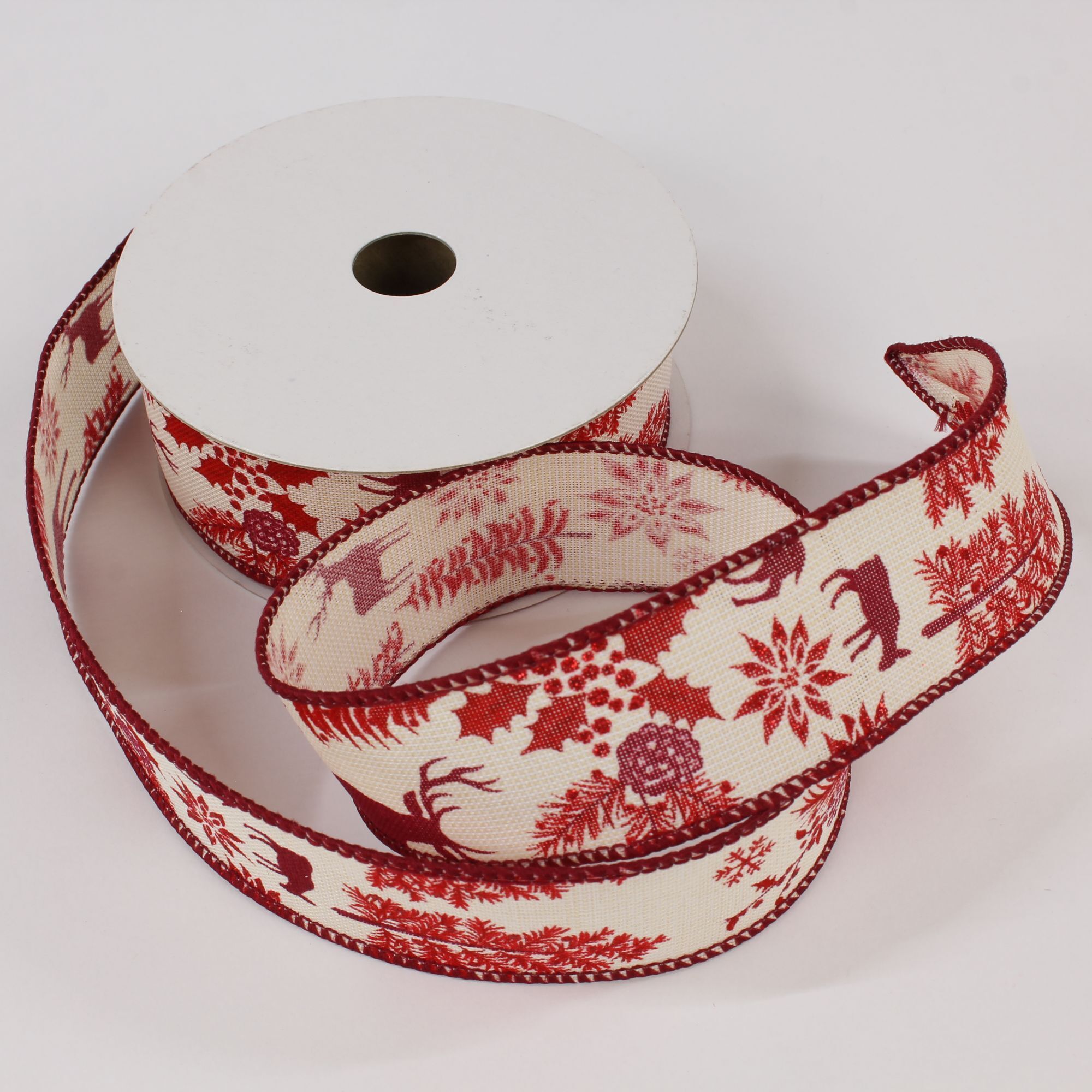 Dekoband Weihnachten Hirsch mit Draht 40 mm rot - 2 Meter