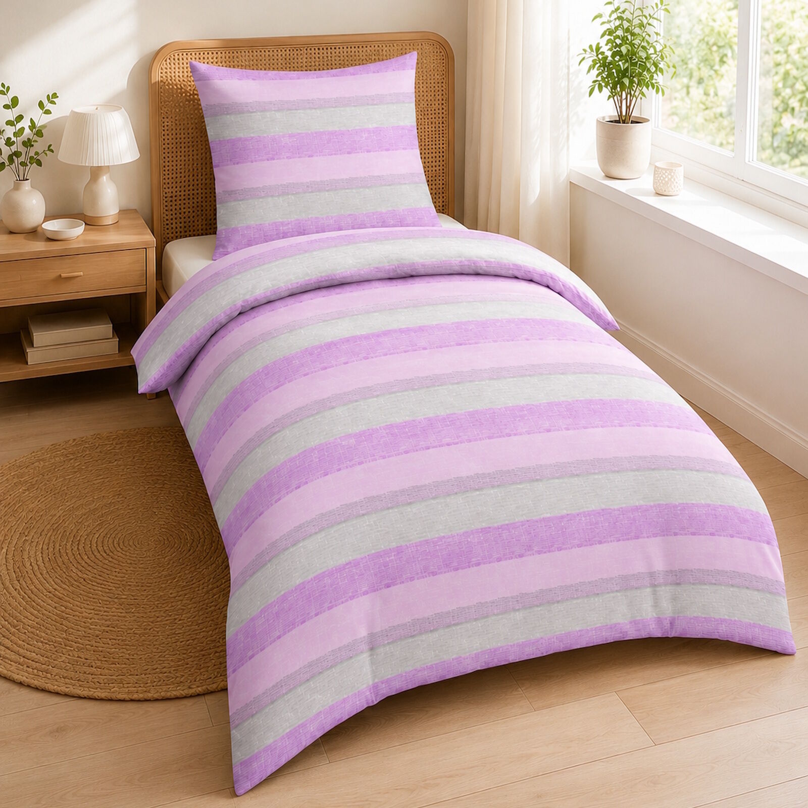 Bettwäsche Streifen Pink Rosa Grau 135x200 Baumwolle
