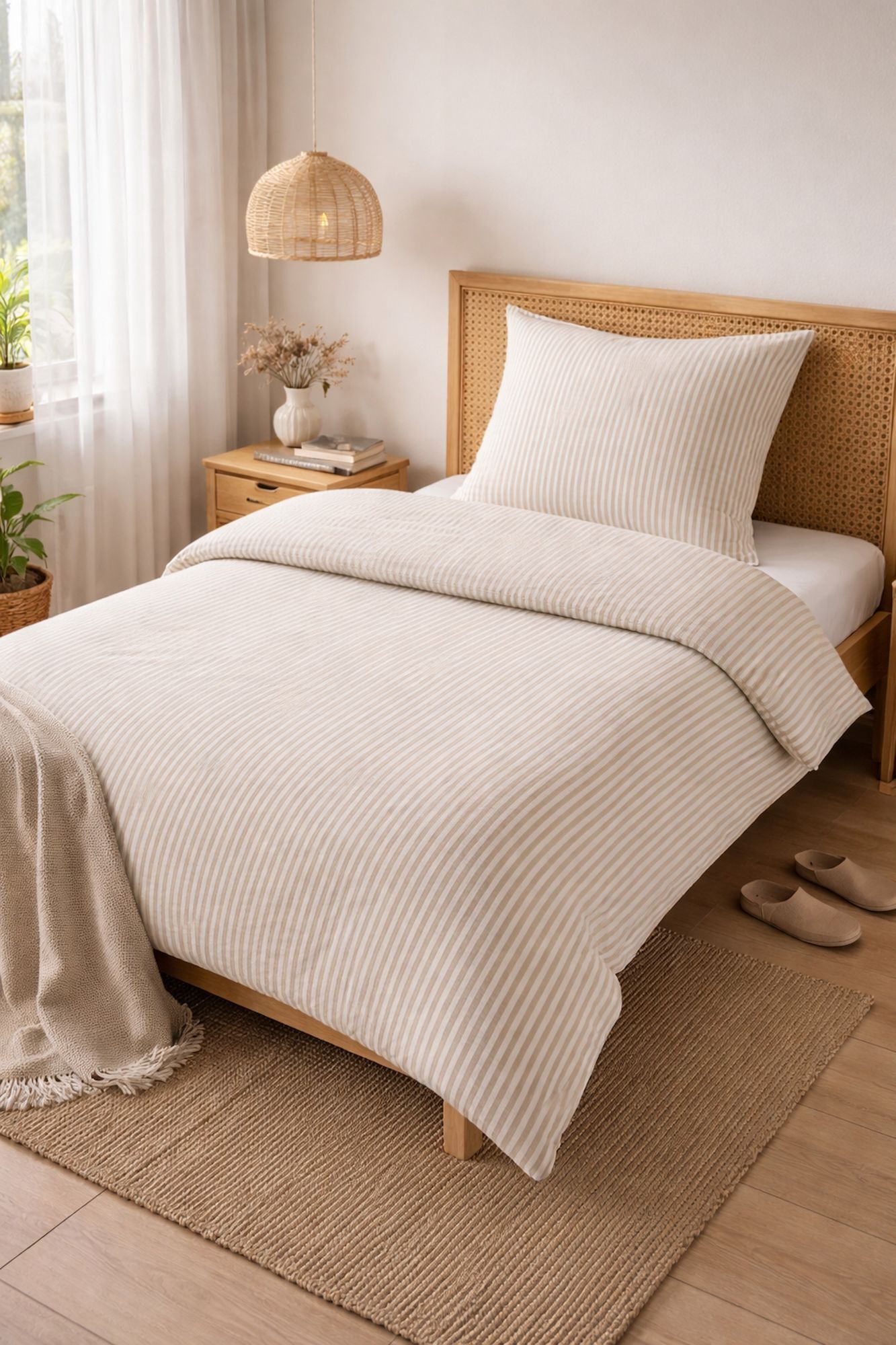 Seersucker Bettwäsche Streifen Beige – Ideal für Hotels