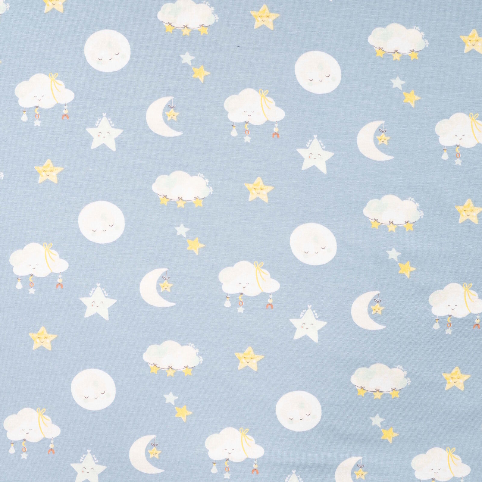 Jersey Stoff Mond Sterne Wolken Hellblau Meterware
