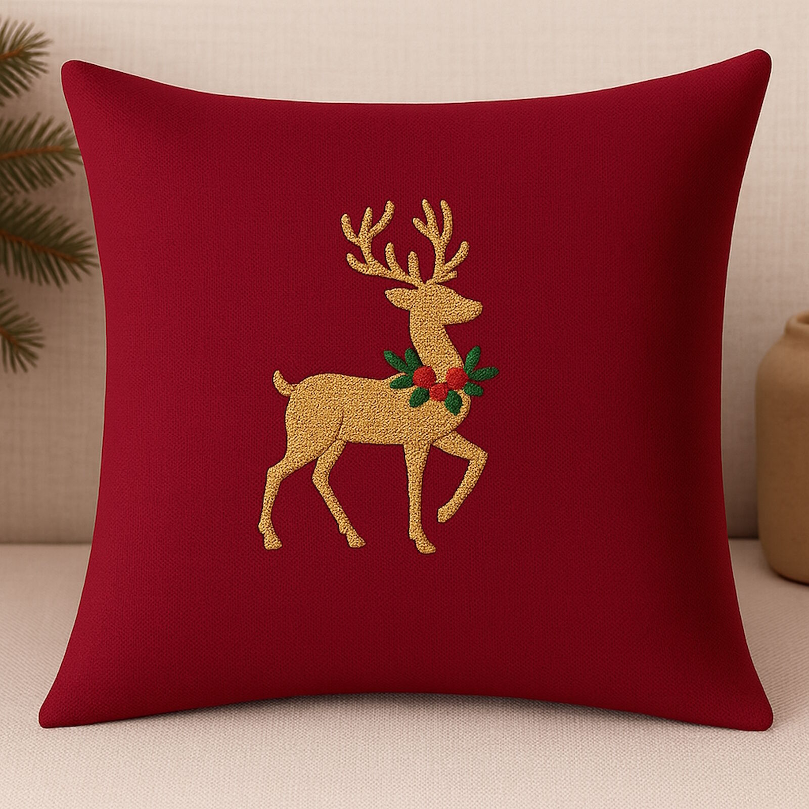 Weihnachtskissen Hirsch Gold 40x40 Bordeaux aus Baumwolle bestickt