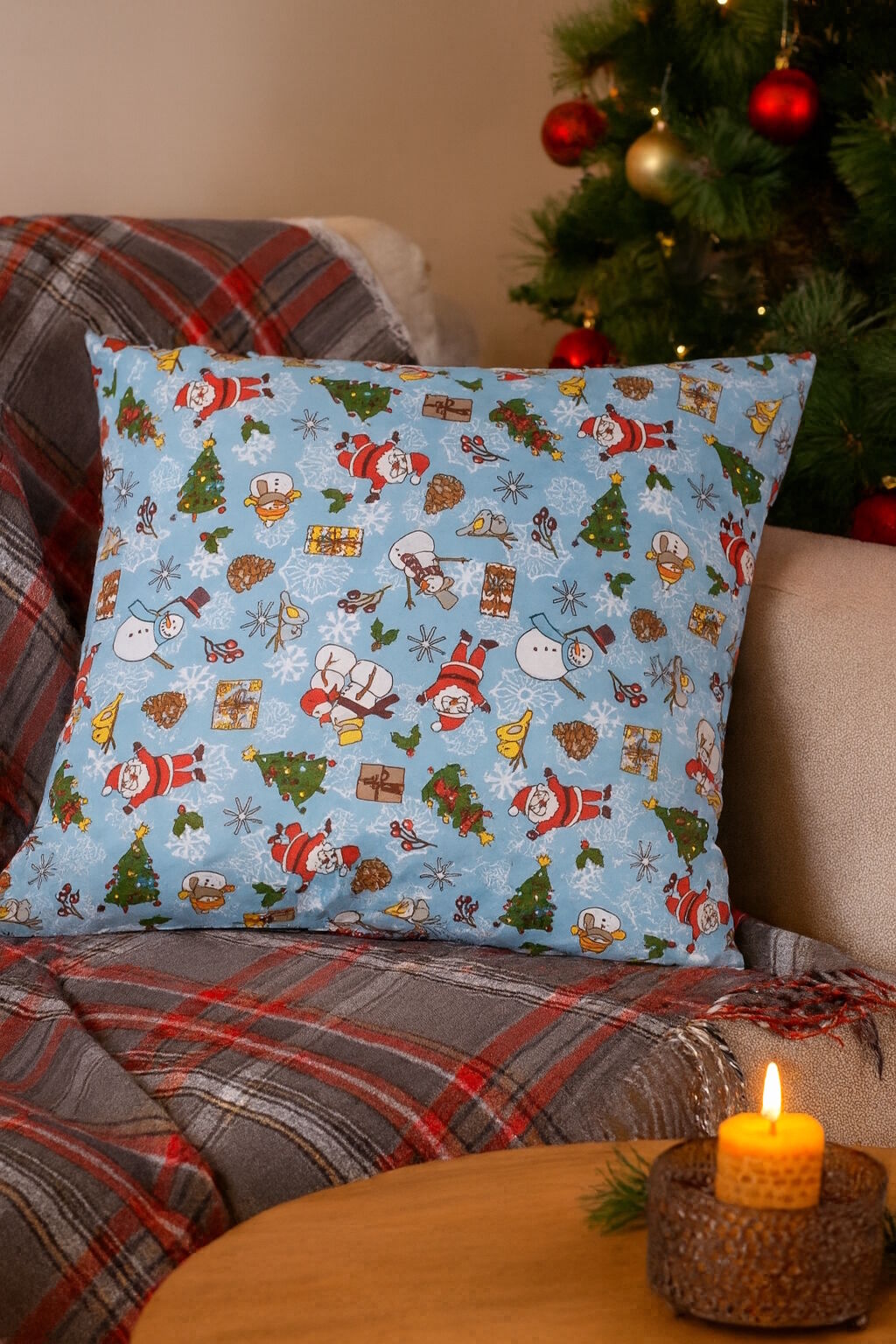 Kissenbezug 40x40 cm Weihnachtsmann Schneemann Hellblau