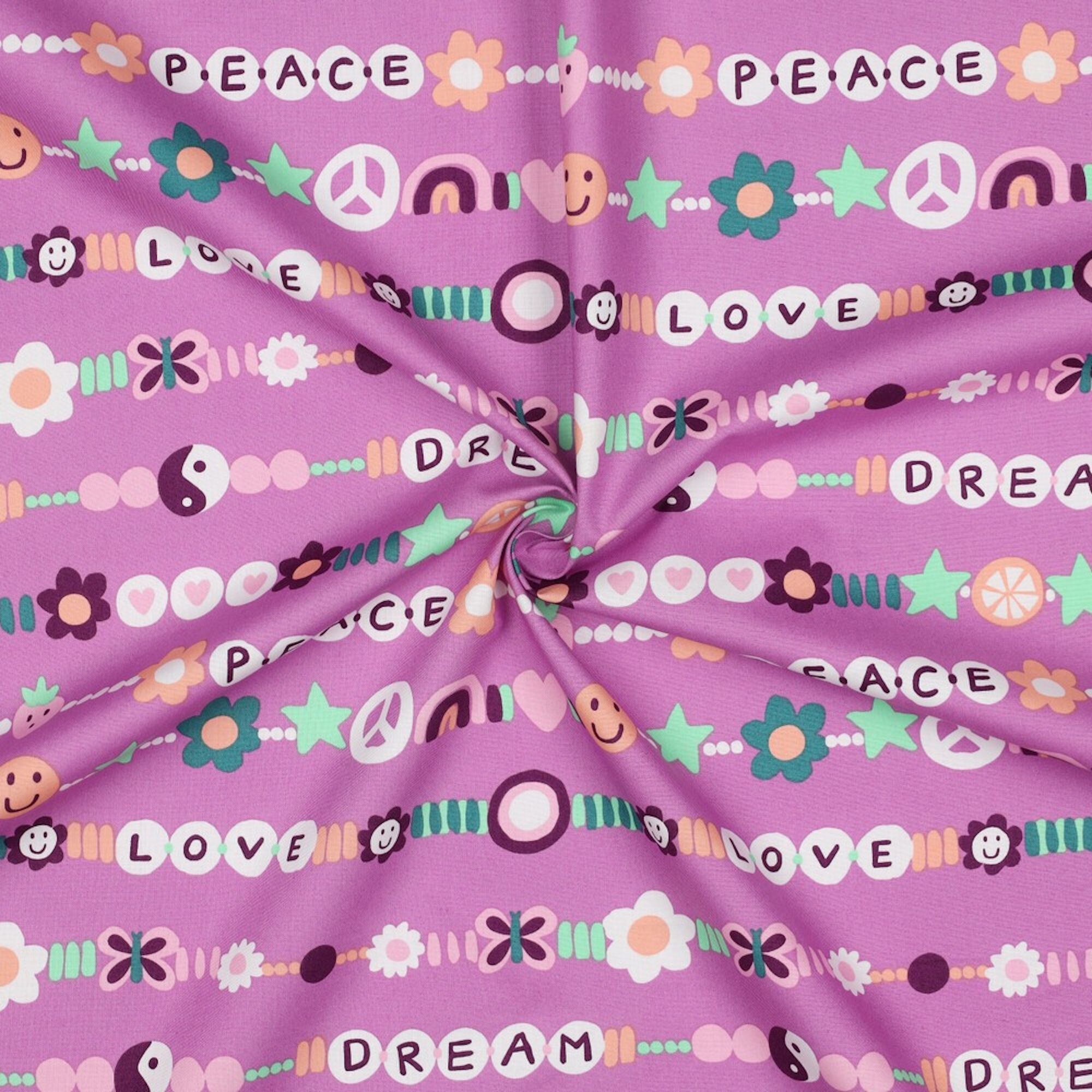 Stoff Meterware Love Peace Dream Lila Mauve Baumwolle