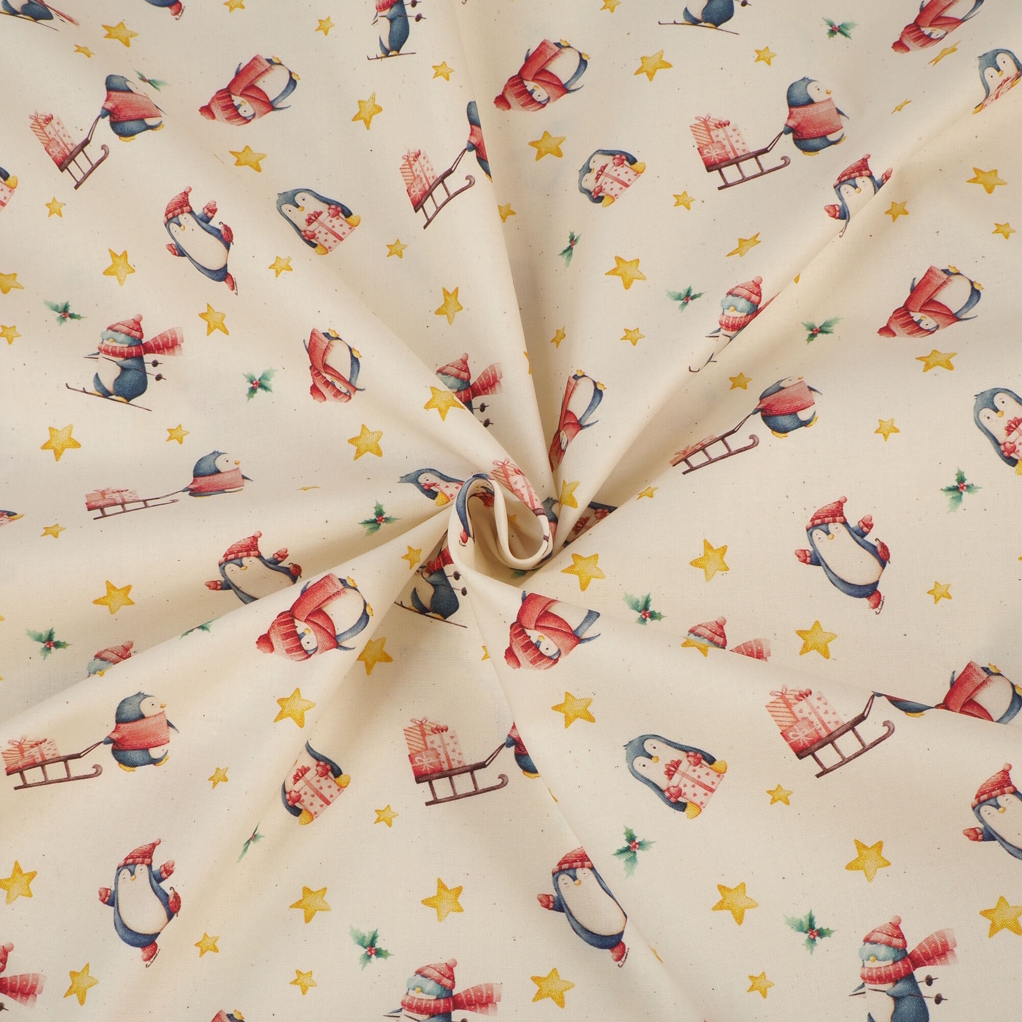 Stoff Meterware Pinguin Schlitten Ski Winter Baumwolle