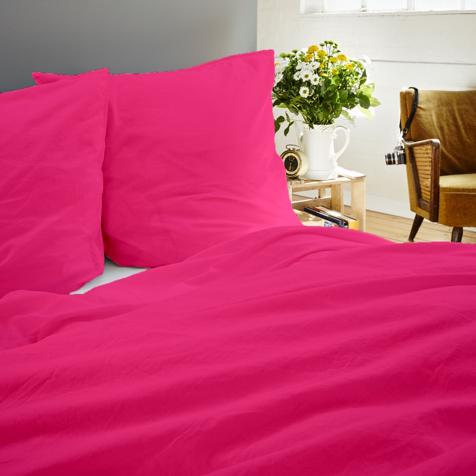 Bettwäsche Uni Pink Baumwolle Linon-135x200 cm + 80x80 cm