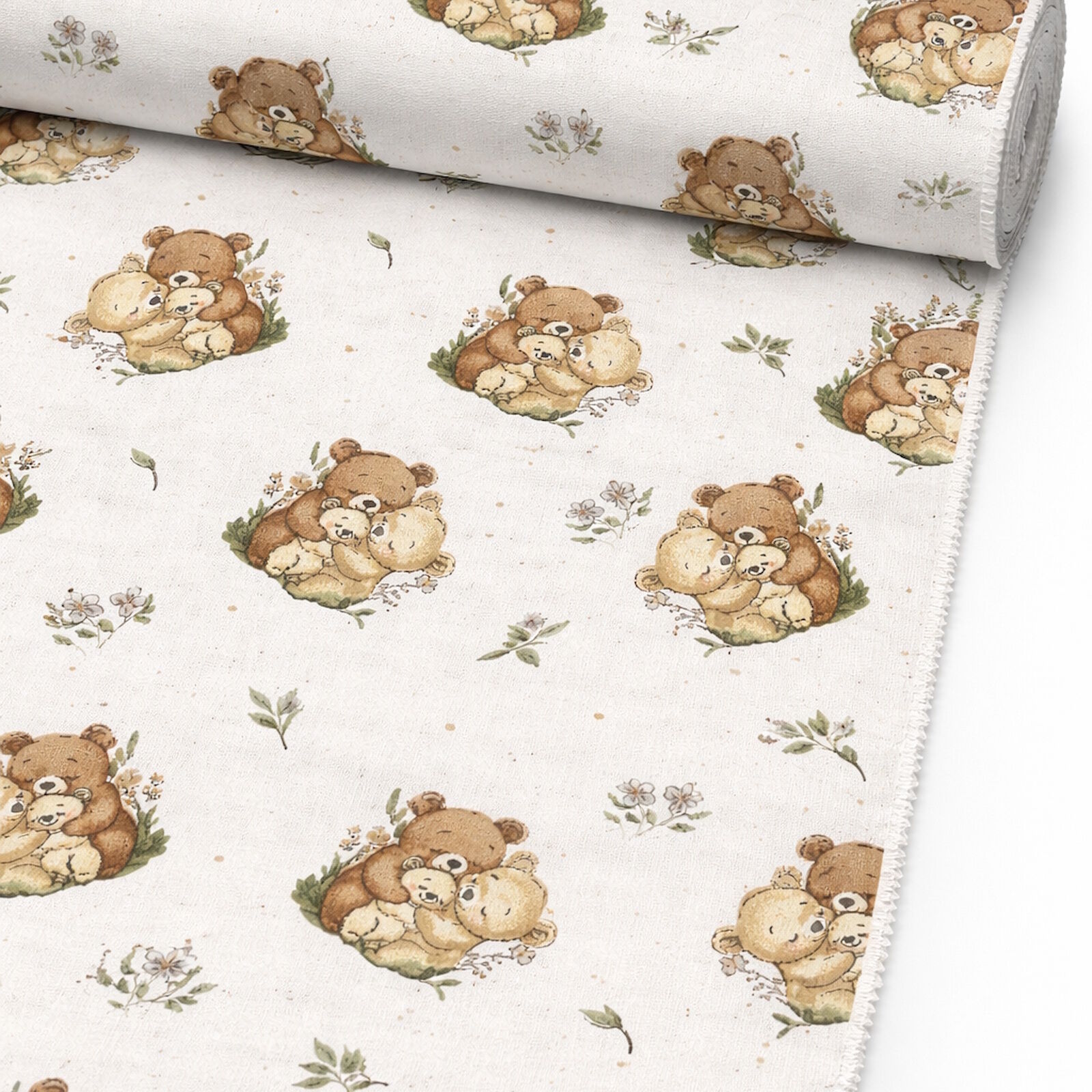Stoff Baby Bärenfamilie Motiv Weiß Meterware