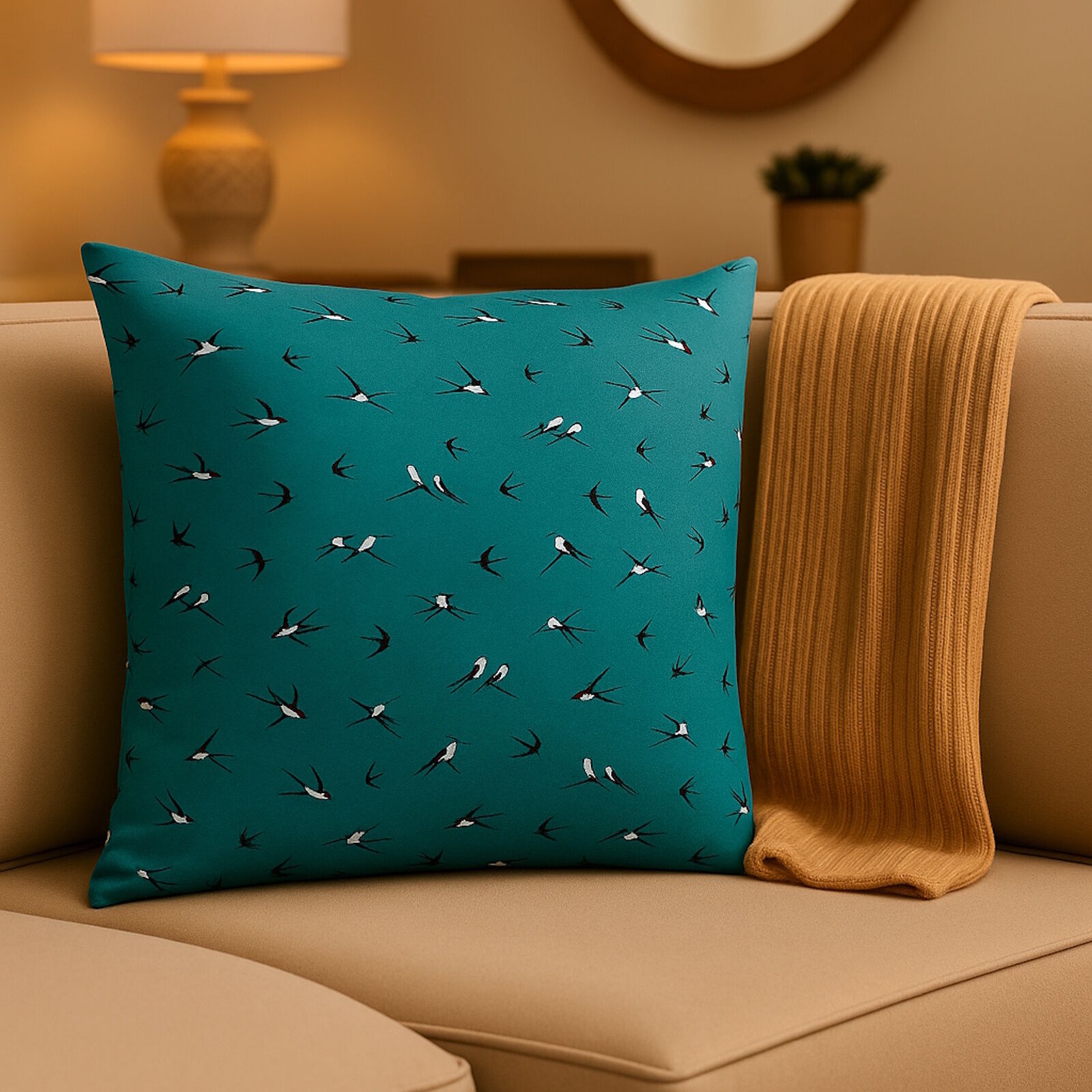 Kissenbezug 40x40 cm Schwalben auf Petrol Baumwolle