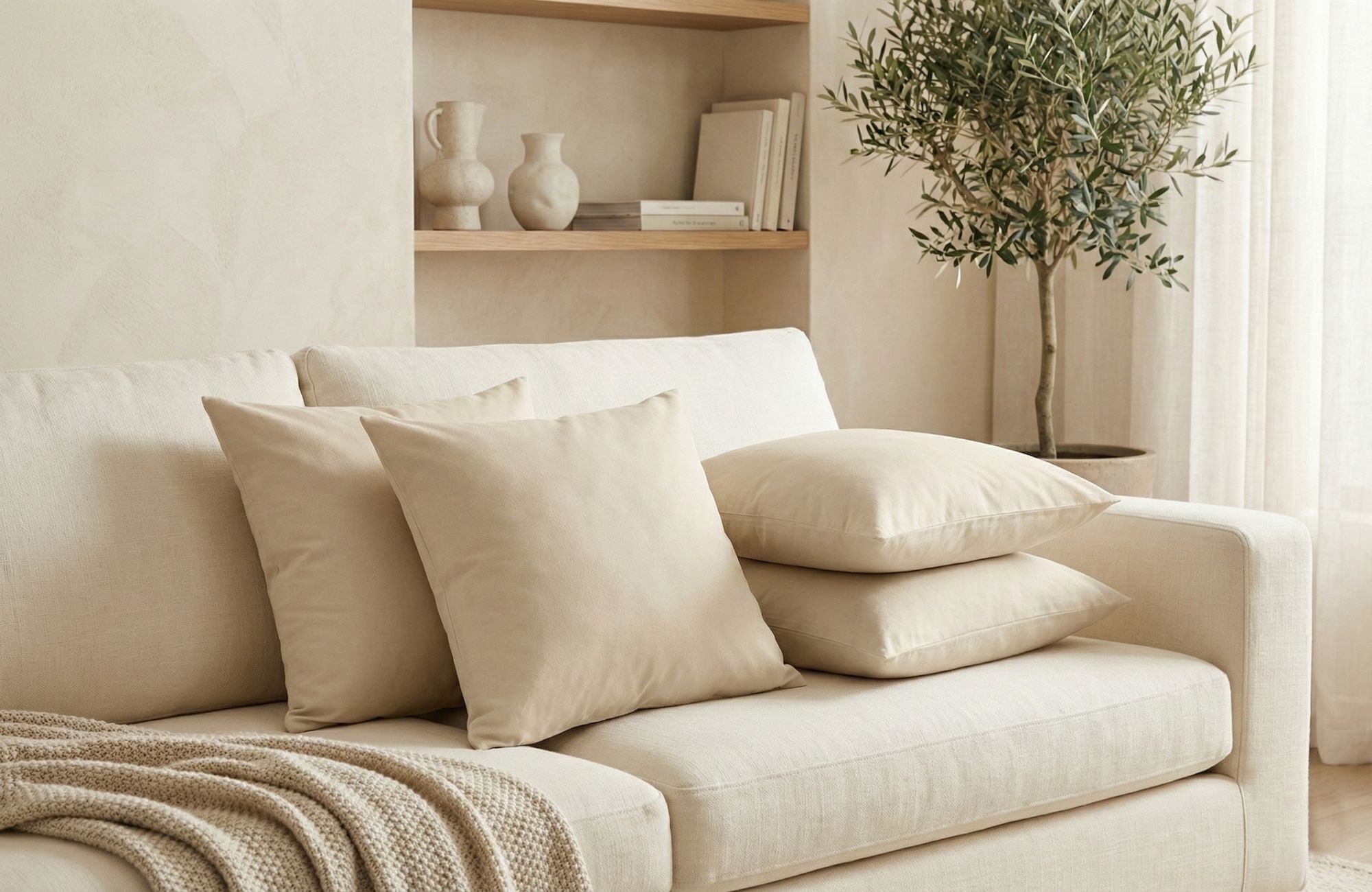 4er Pack Kissenbezüge 40x40 Beige Uni Baumwolle Linon Reißverschluss