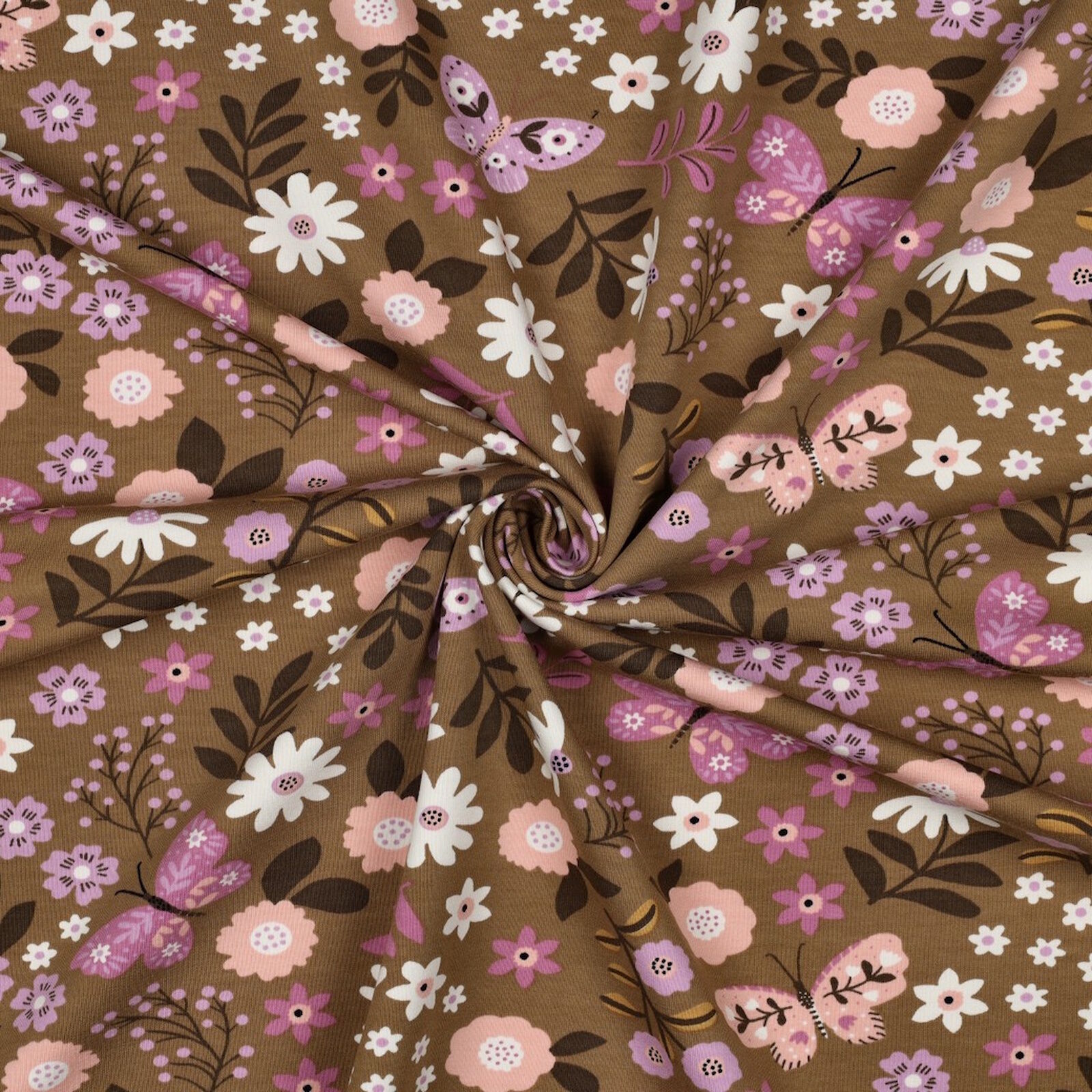 French Terry Stoff Blumen Braun Beige Meterware 148 cm