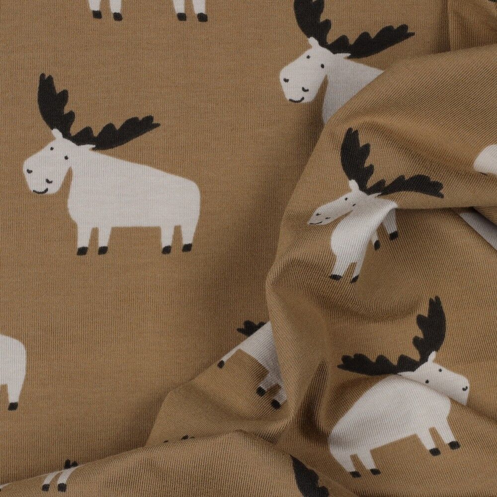 Stoff Meterware süße Elche Camel Braun Jersey