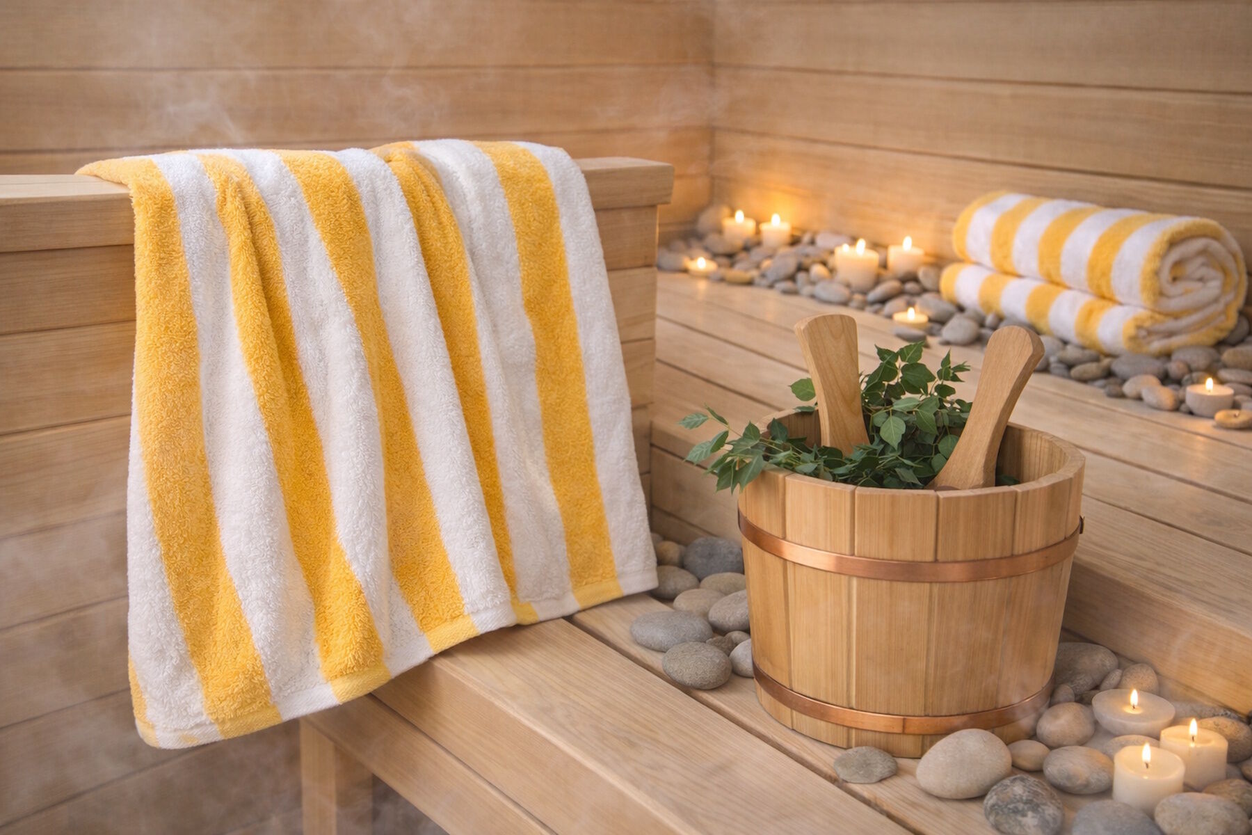 2er Pack Saunatücher Weiß Gelb gestreift 70x200 cm
