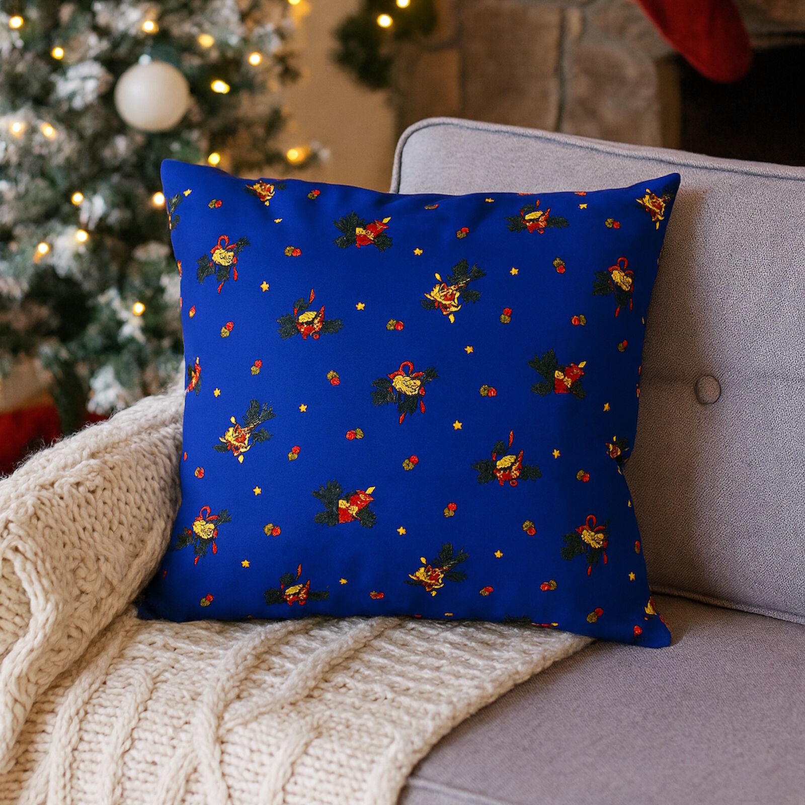 Weihnachts Kissenhülle 40x40 Blau Baumwolle