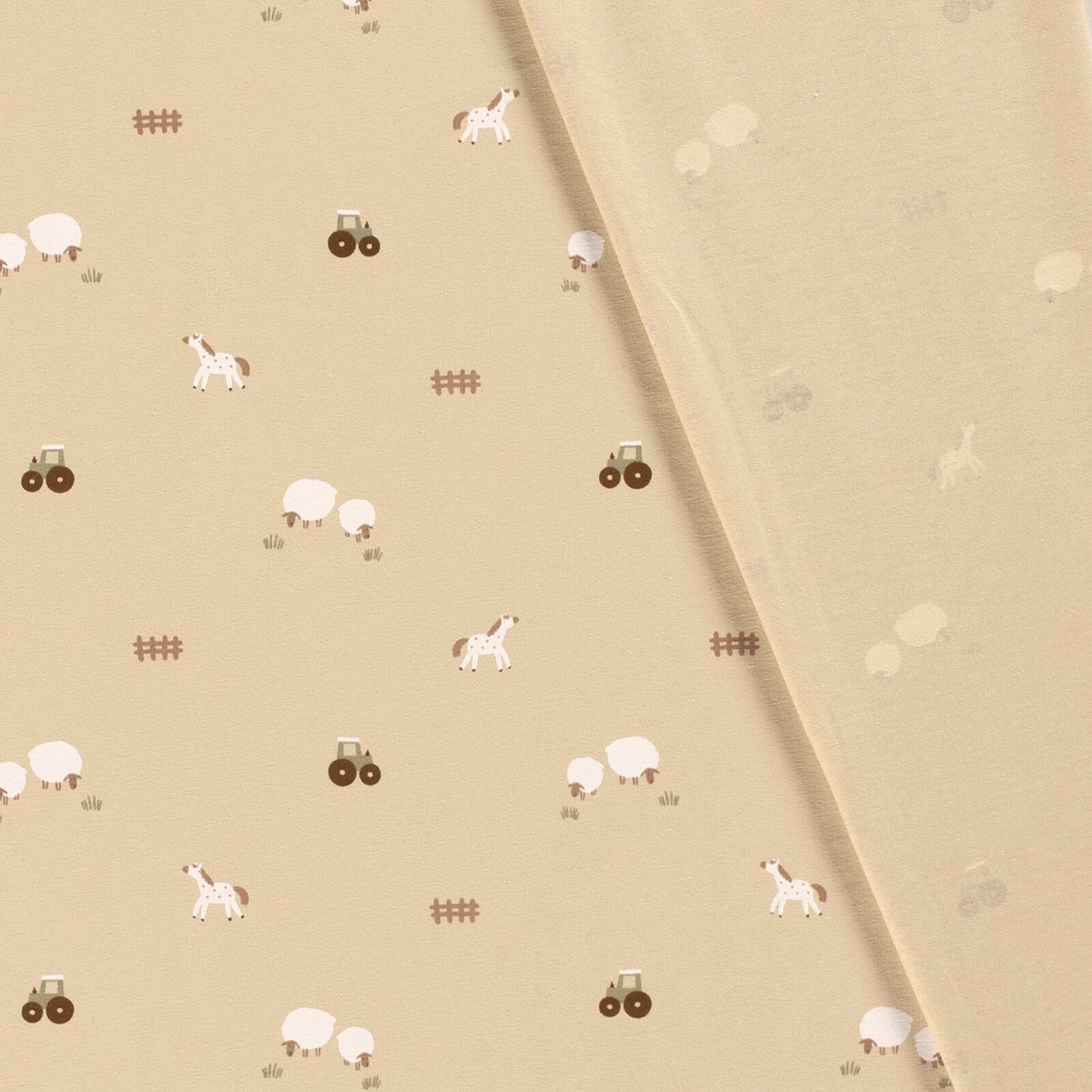 Bauernhof Jersey Beige Kinderstoff Meterware 150 cm