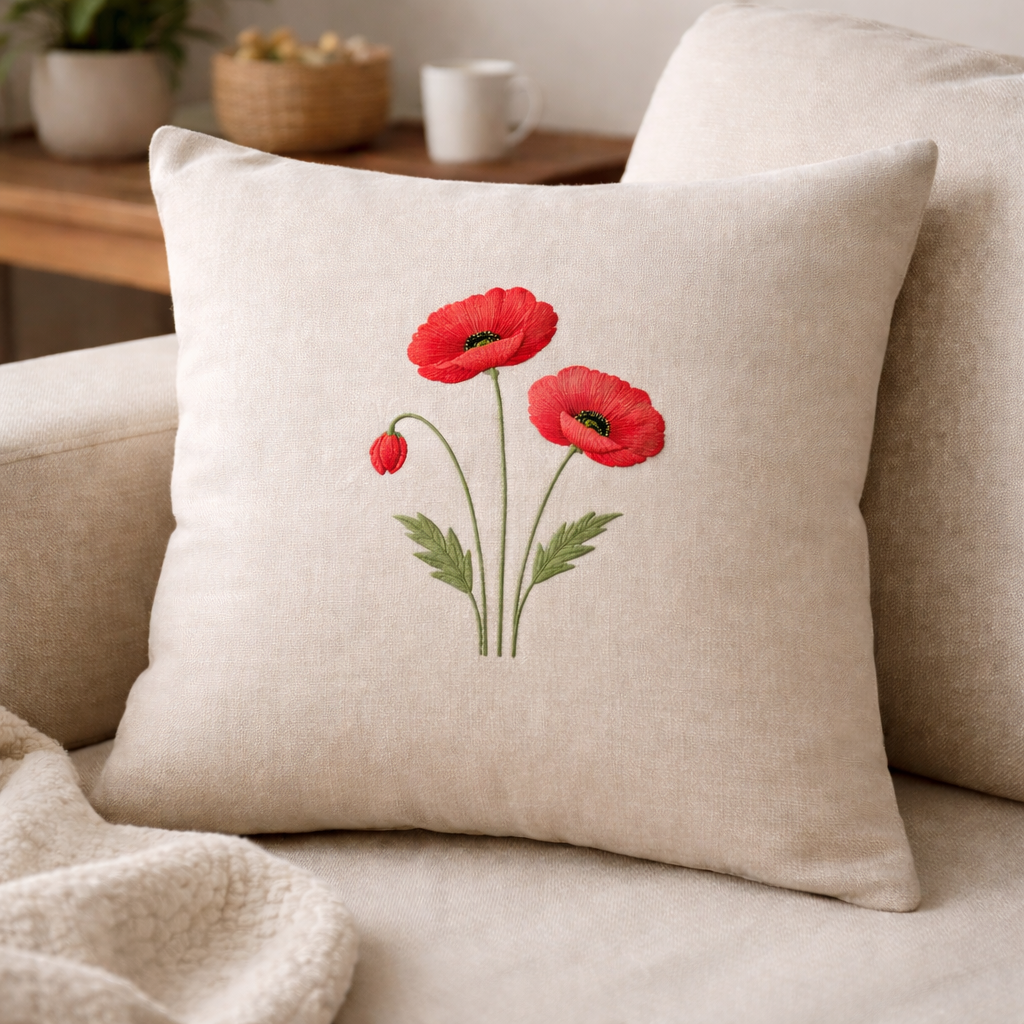 Kissen Landhaus Blumen Stickerei "Mohnblume" 40x40 cm creme