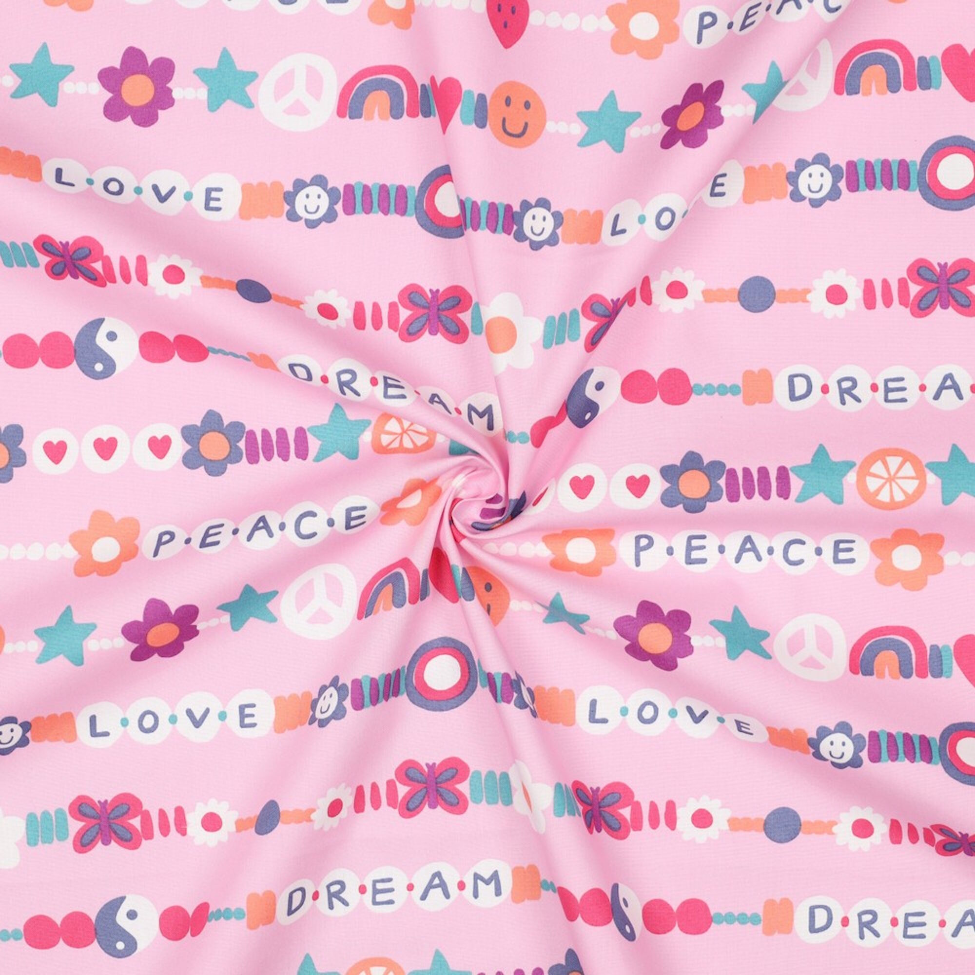 Stoff Meterware Love Peace Dream Rosa Baumwolle