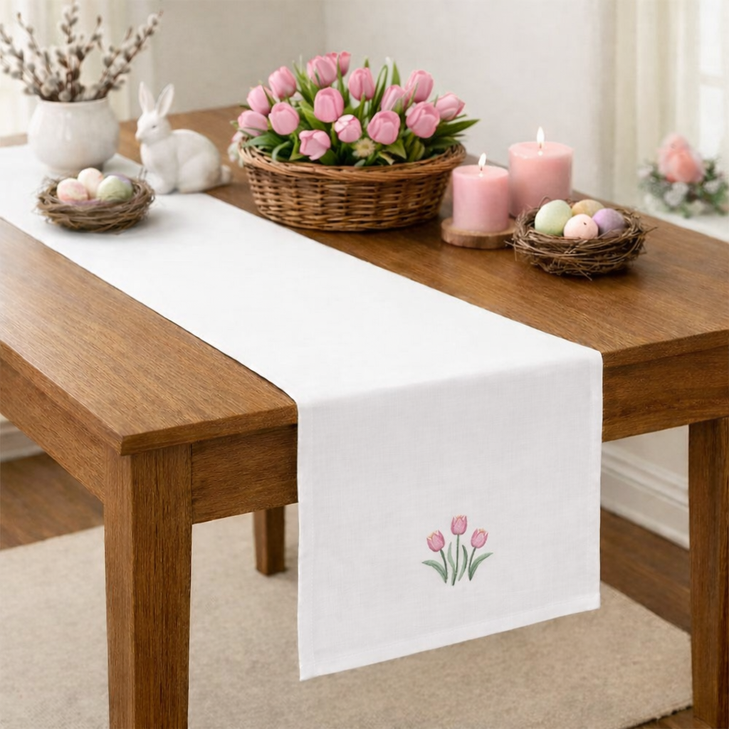 Tischläufer Ostern Tulpen bestickt Weiß Linon 40x150 cm