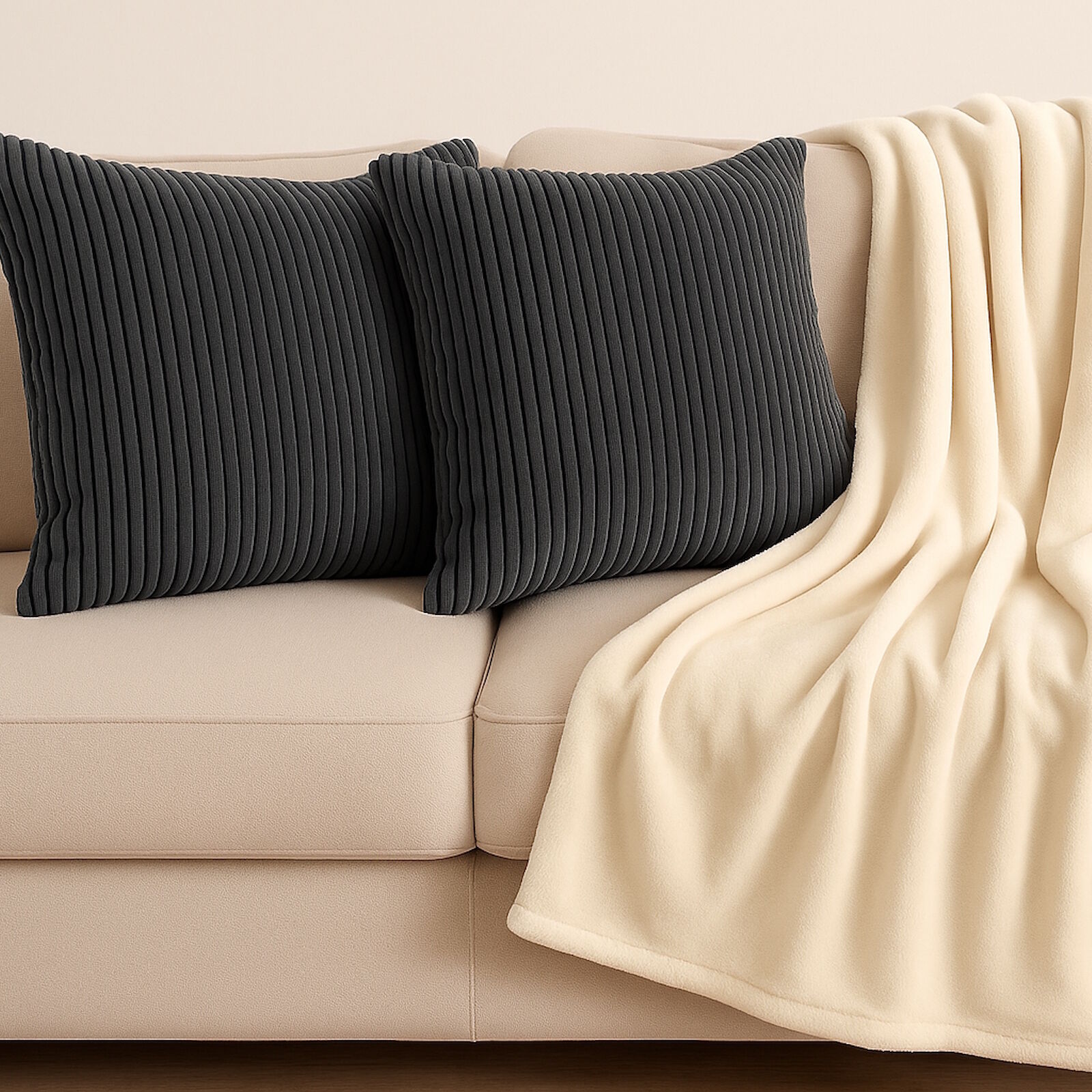 Cozy Cord Kissen Kuscheldecke Set Dunkelgrau Beige