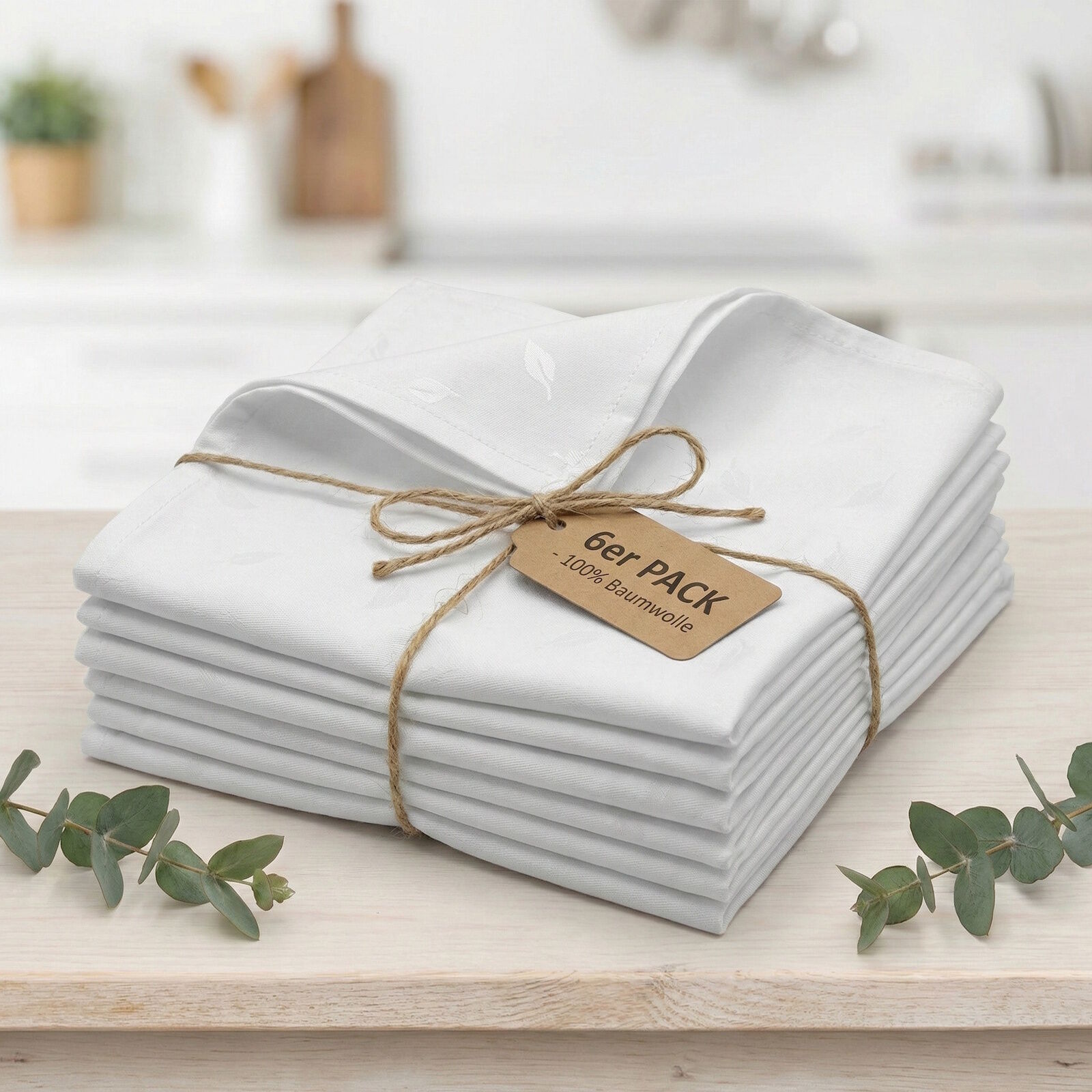 Damast Servietten Blätter Weiß 6er Pack-40x40 cm