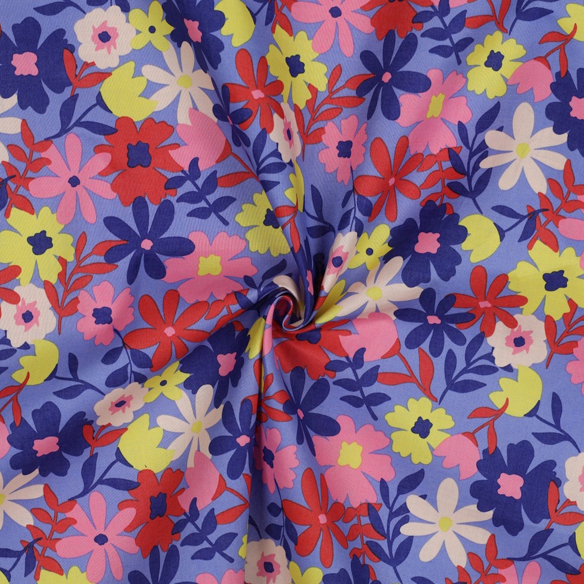 Stoff Meterware Bunte Blumen auf Blau Beschichtet