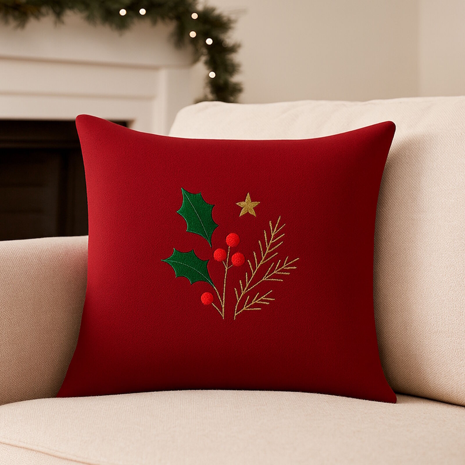 Weihnachtskissen Rot mit Stern & Stechpalme bestickt 40x40