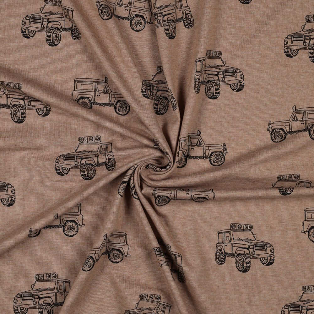 Stoff Meterware Geländewagen Taupe Melange Jersey