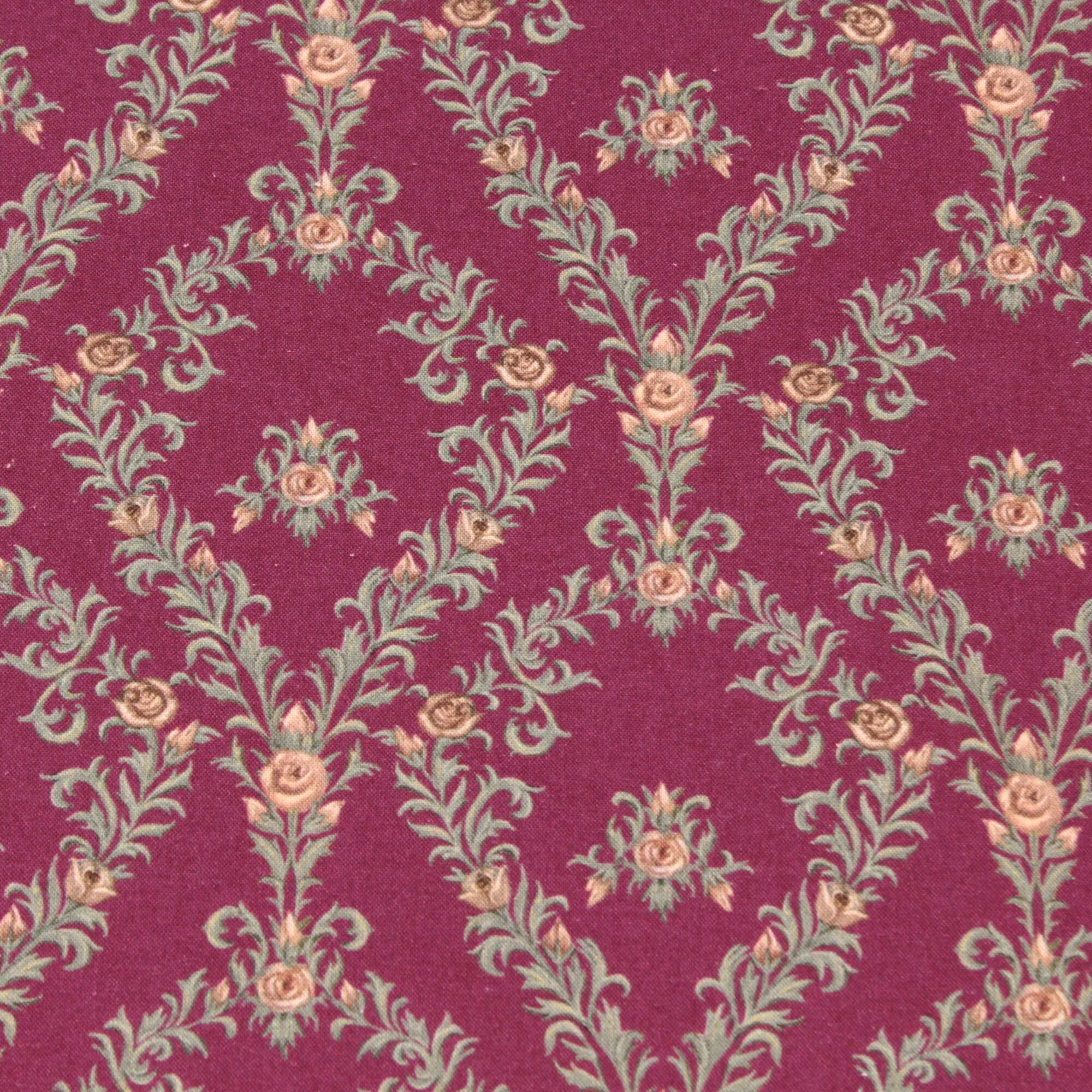 Stoff Meterware Blumenranken Rosen Weinrot Baumwolle Perkal