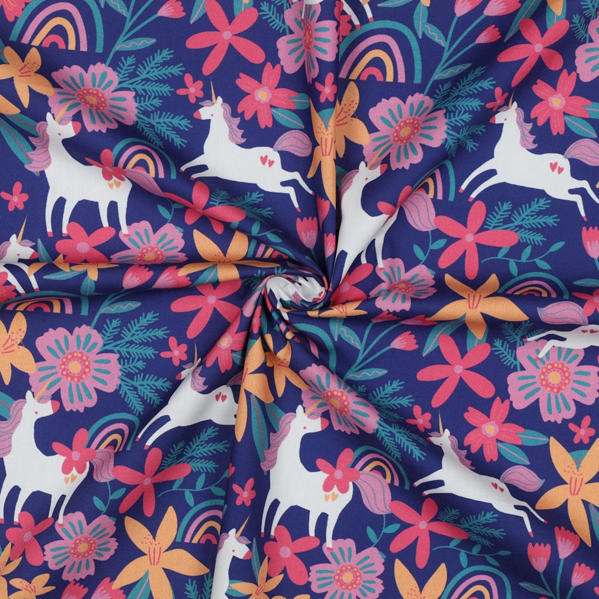 Stoff Meterware Einhorn Blumen Blau Baumwolle