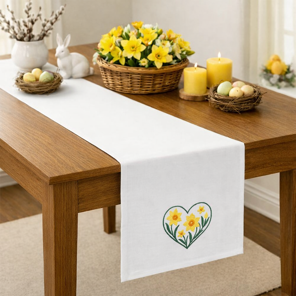Tischläufer Ostern Narzisse bestickt Weiß Linon 40x150 cm