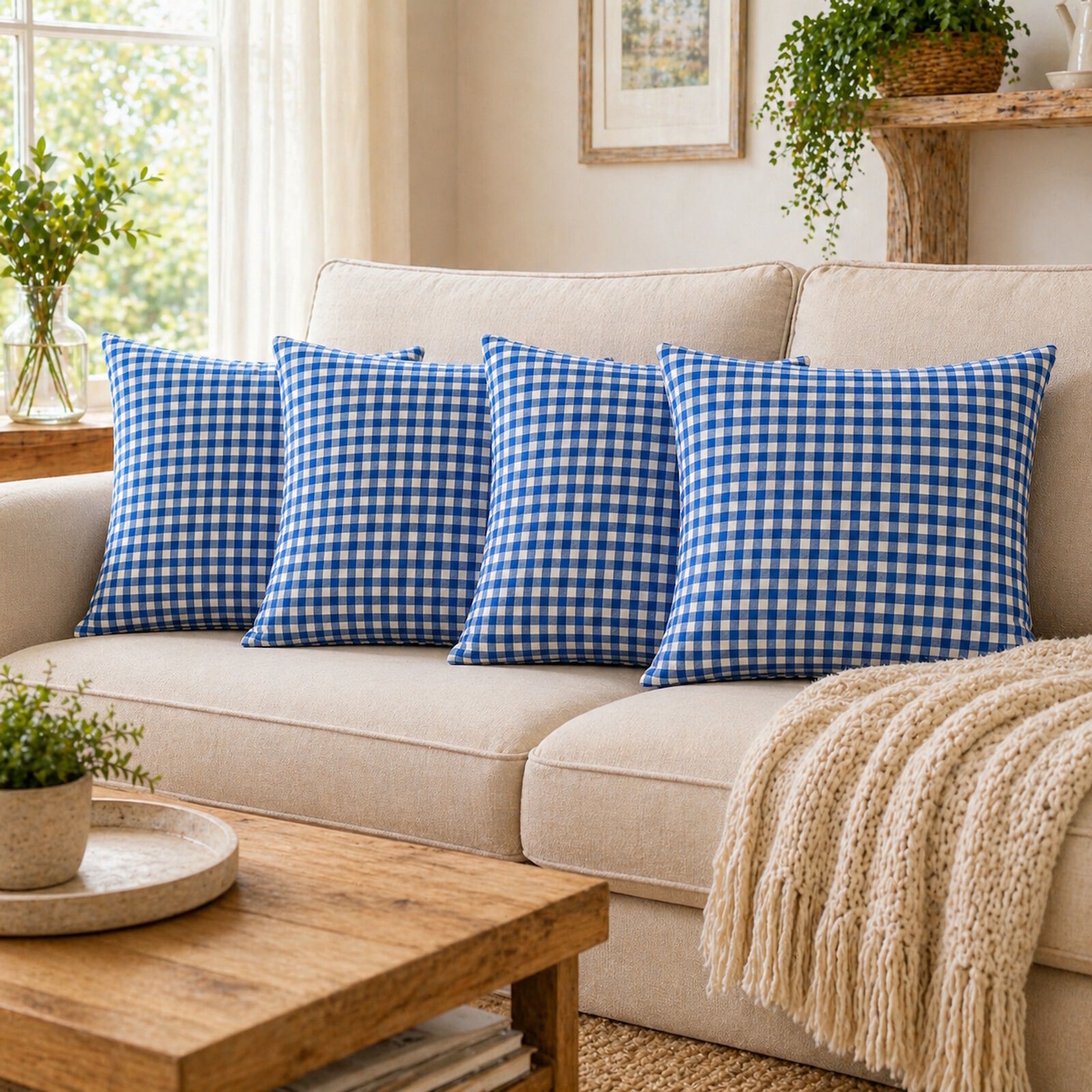 Kissenbezug Kariert Blau 4er Set Baumwolle Landhausstil