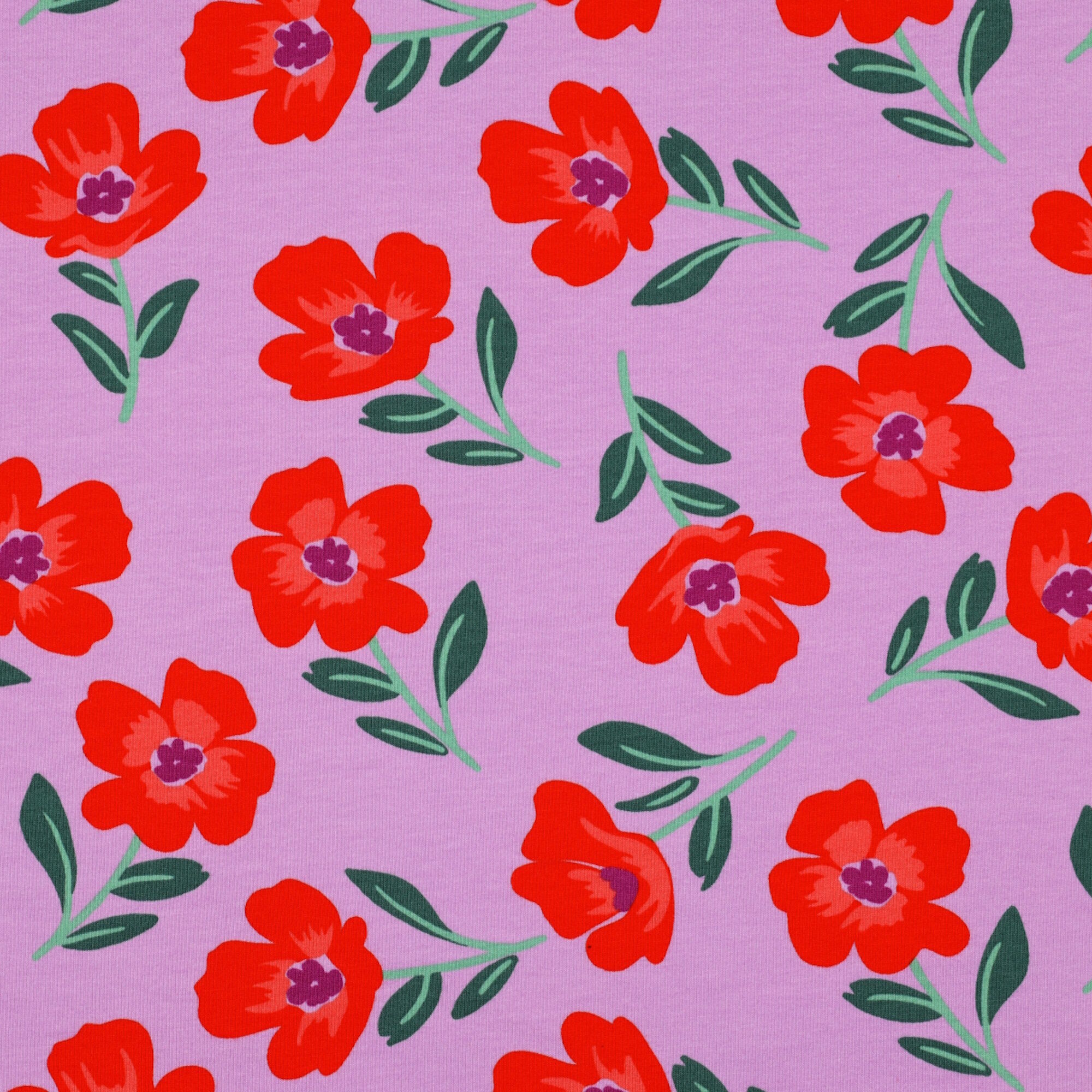 Stoff Meterware großes Blumenmuster auf Lila Soft Sweat