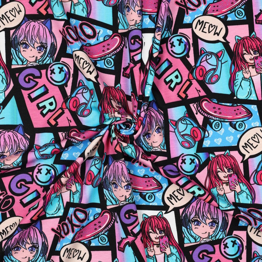Stoff Meterware Manga Girl Blau Jersey