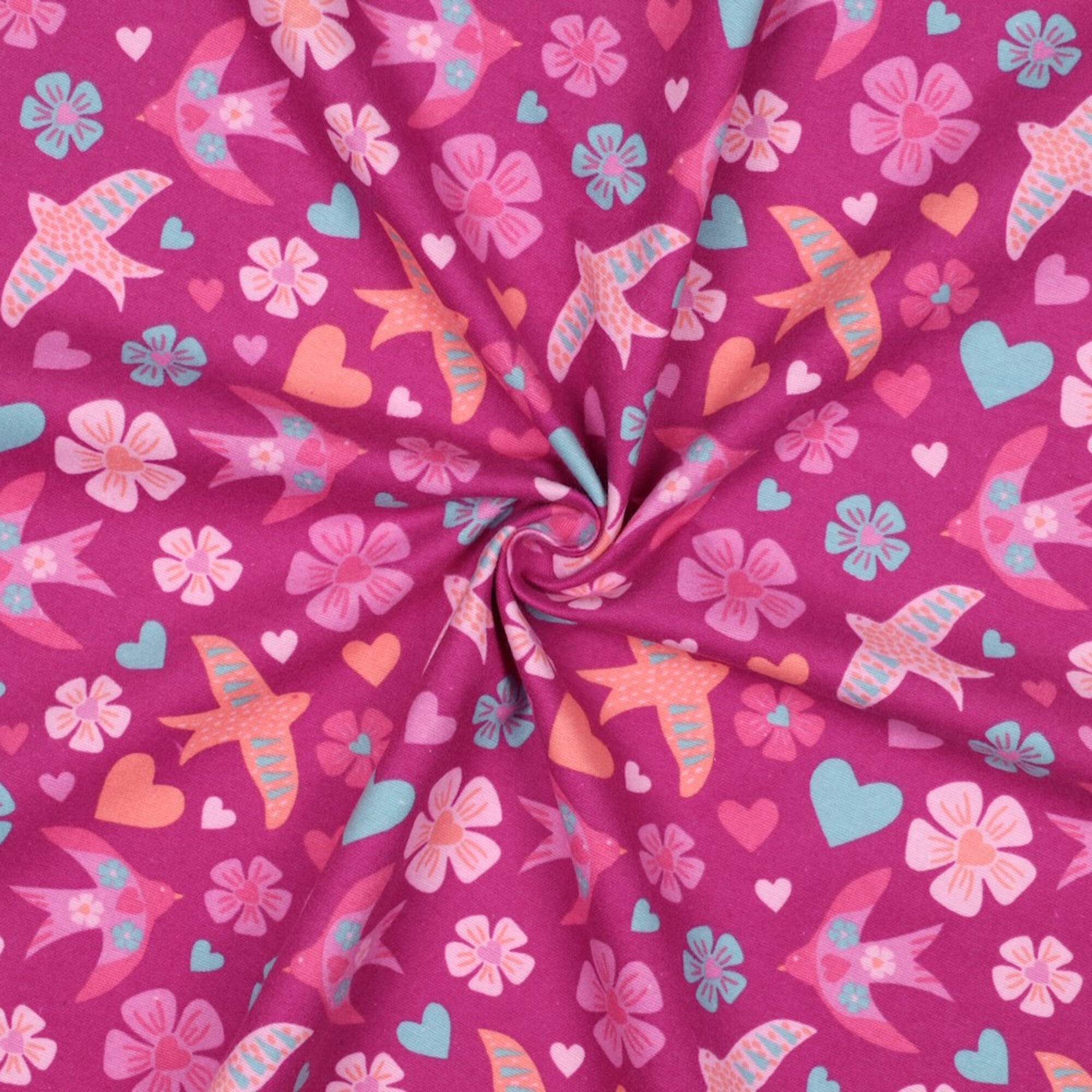 Stoff Meterware Blumen Vögel Pink Flanell
