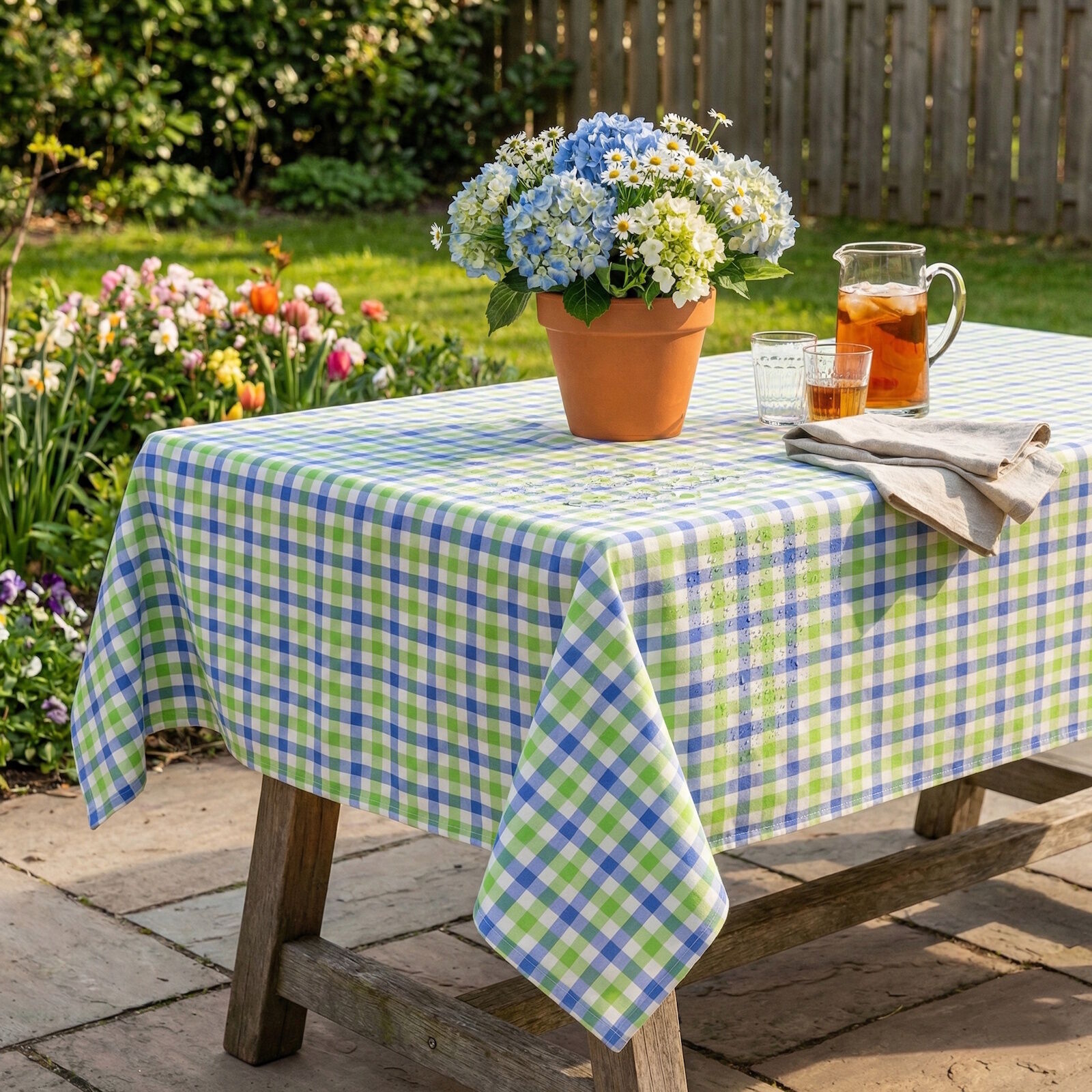 Outdoor Tischdecke 130x130 Karo Grün Blau wasserabweisend